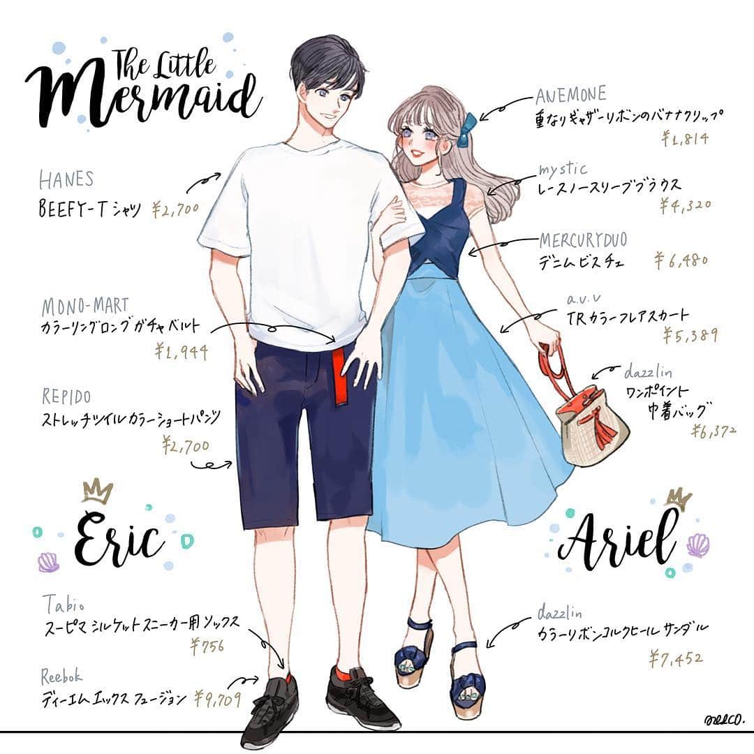 みーこさんのインスタグラム写真 みーこinstagram アリエルとエリック王子イメージの夏コーデ イラスト イラストレーター イラストグラム ファッション ファッションコーデ ファッションイラスト 春コーデ ディズニーコーデ 夏コーデ リトル