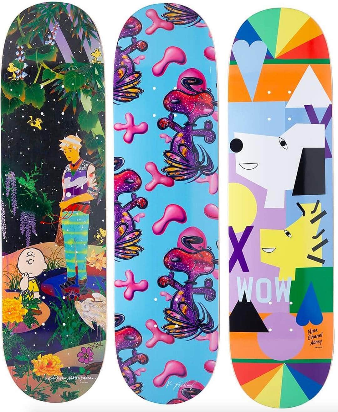 松山智一のインスタグラム：「Part of The Peanuts @snoopygrams - Snoopy Global Arts collaboration, skatedeck with @kennyscharf @ninachanel @tomokazumatsuyama curated by @culturecorps」