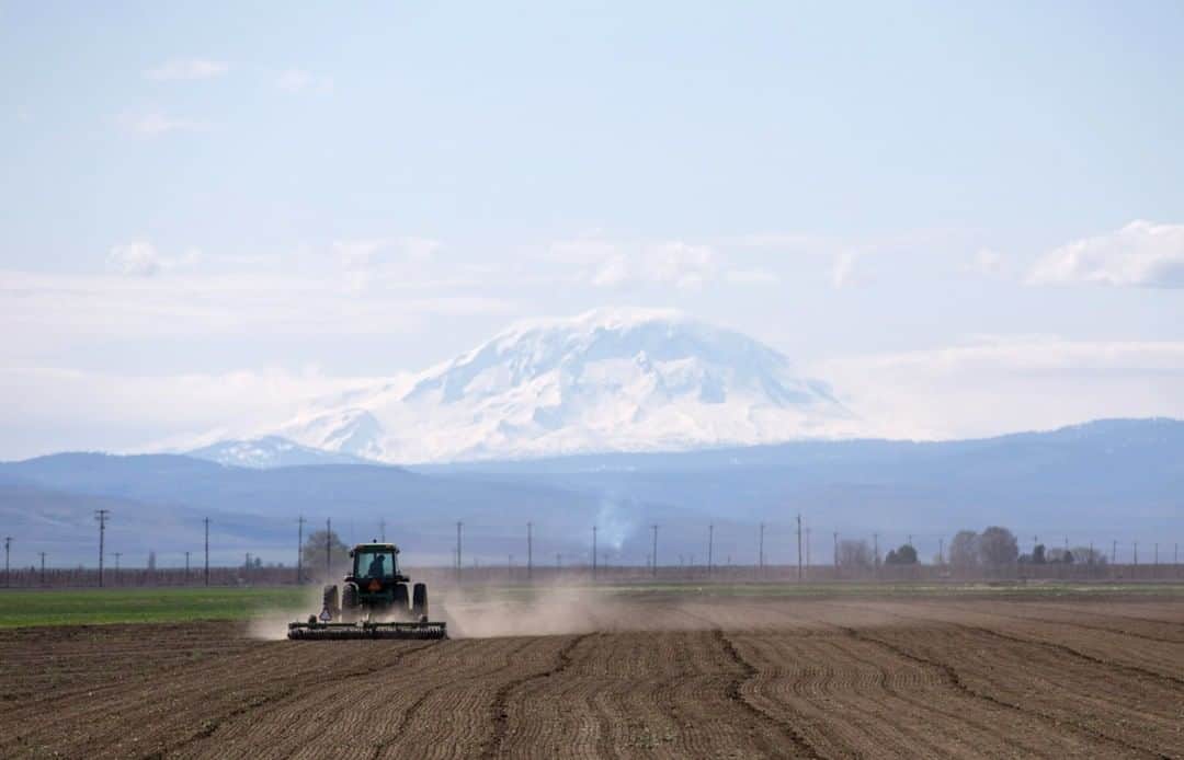 National Geographic Travelさんのインスタグラム写真 - (National Geographic TravelInstagram)「Photo by @sofia_jaramillo5 | Mount Adams stands tall in the distance as a farmer works a field on the Yakama Indian Reservation near Toppenish, Washington. For more photos of ranching and agriculture follow me @sofia_jaramillo5 #farming #agriculture #mountainview」5月6日 1時21分 - natgeotravel