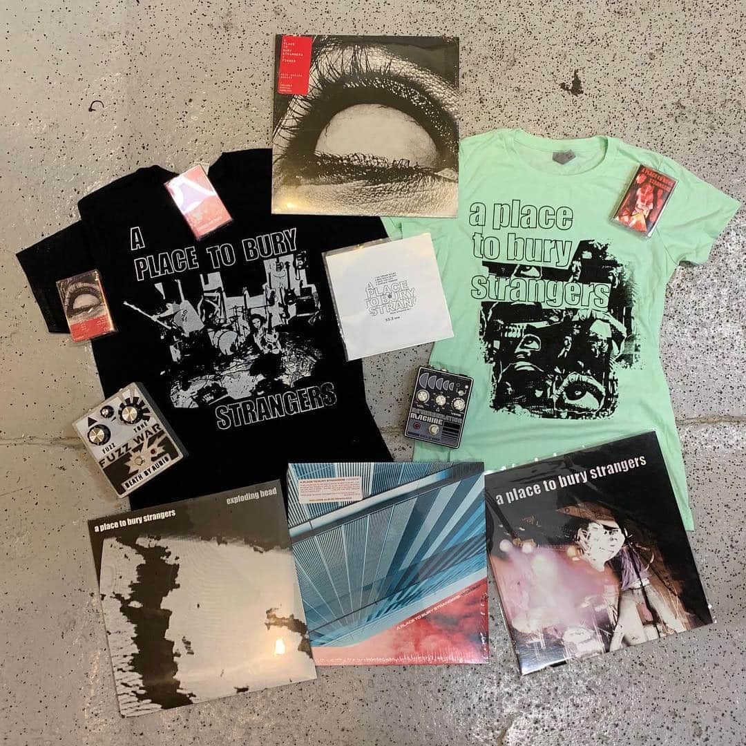 A Place to Bury Strangersのインスタグラム：「Look at the awesome goodies we are flying to South America with on Tuesday! #southamerica #Brazil #Chile. #Santiago #Sāopaulo #exploidinghead #mintgreentshirt #firsttalbum #worship #casettes #totebags #pedals #guitarpedals #deathbyaudioeffects #pinned #deadoceans #muterecords #killerpimprecords #importtantrecords #flexidisc #pinnedcassette #lerockfestival #ccsp #matucana100✨」