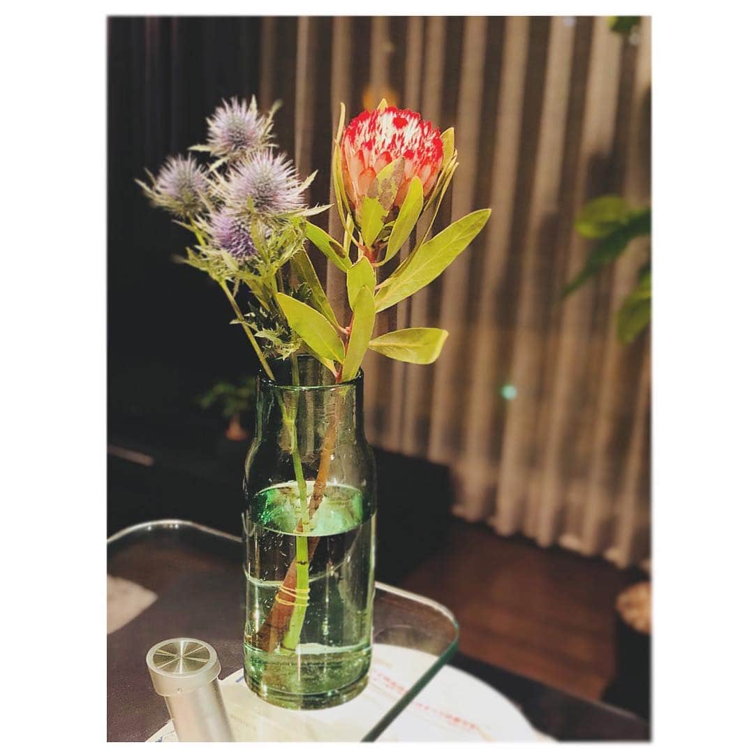 のインスタグラム：「@lifes_store で昨日購入したばかりの涼しげなグリーンの花瓶。 気泡の入り方が素敵なのと写メでは分かりにくいけどしっかりとした大きさが好き❤︎ この花瓶も見せて部屋の雰囲気を伝えると @the.daffodils.flowershop のお兄さんがささっと #エリンジューム  #プロテリア のロビンを選んでくれてカッコ良すぎました👏  #お花のある暮らし  #お花のある生活  #thedaffodilsflowershop」