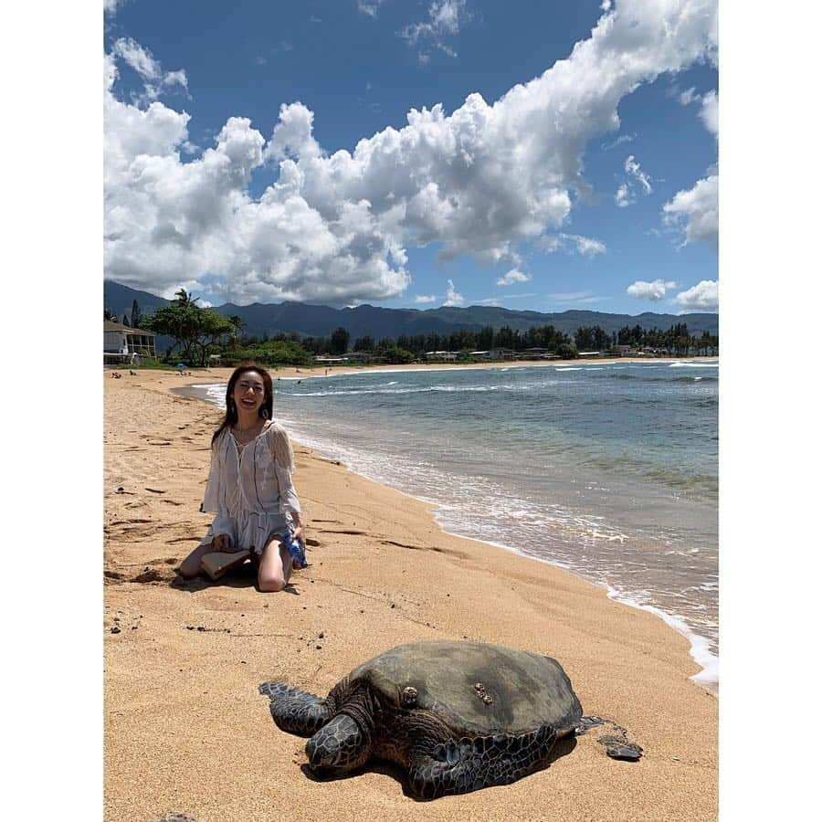 松岡李那さんのインスタグラム写真 - (松岡李那Instagram)「Kissed Honu 😘 ハワイの神様的存在❣️ お昼寝中の野生の海亀さんに会えちゃった☺️👏💕 Happy ㊗️㊗️㊗️ ハワイの言葉でウミガメさんの事をホヌって言うんだって🌈✨ ウミガメさんに会えたら幸運になれるんだって❤️ #ホヌ #loco #northshore #hawaii #honu #goodluck  ウミガメのことをハワイ語で"Honu"（ホヌ）といい、ハワイを含むポリネシア文化圏ではとても神聖な生き物とされていて、神様からの使い・幸運を運んでくれる「海の守り神」などとして大切にされてきました。  昔、海辺で遊んでいる子供達がサメに襲われる事がたくさんあったそうです。神の使いとされているホヌは子供の姿に化けて身代わりになり、子供達を救った。という昔話があるそうです。  また、サーファーをサメから守ったという伝説もあり、サーファーの守り神としても愛されるようになりました。  そういった理由で海での危険や災いから身を守ってくれるお守りとして持つ人も多く、海やサーフィンを愛している人に贈られる事も多いハワイアンジュエリーの中でも人気のモチーフらしいです！」5月6日 12時30分 - linahxoxo