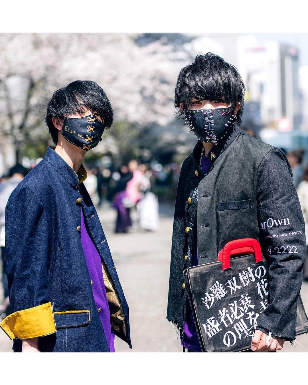 Harajuku Japanさんのインスタグラム写真 - (Harajuku JapanInstagram)「18-year-old Japanese fashion students Nasu (@nasu_kuua) and Tatsuya (@tt_929_tt) on the street in Tokyo wearing handmade and remake styles including face masks, mandarin collar denim jackets, embroidered pants, painted shoes, and painted bags.」5月6日 14時44分 - tokyofashion