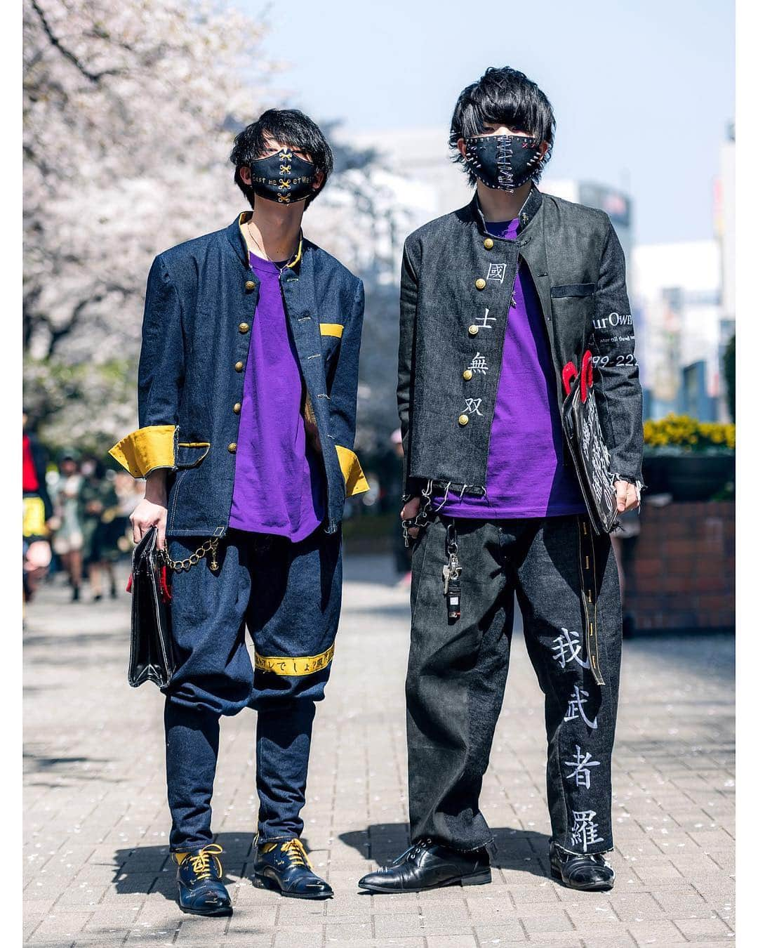 Harajuku Japanさんのインスタグラム写真 - (Harajuku JapanInstagram)「18-year-old Japanese fashion students Nasu (@nasu_kuua) and Tatsuya (@tt_929_tt) on the street in Tokyo wearing handmade and remake styles including face masks, mandarin collar denim jackets, embroidered pants, painted shoes, and painted bags.」5月6日 14時44分 - tokyofashion