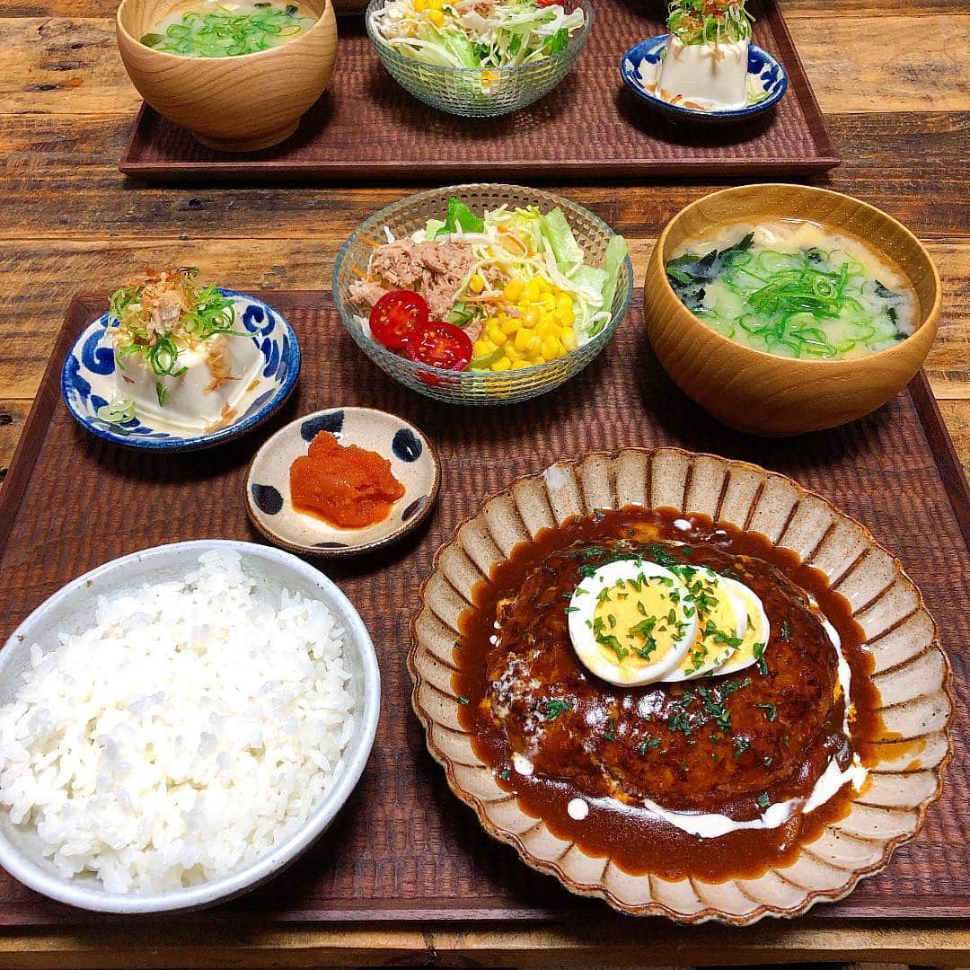 chaako ちゃあこのインスタグラム：「2019.5.7 * * 今日の晩御飯٩(๑❛ᴗ❛๑)۶ * ＊煮込みハンバーグ ＊サラダ ＊冷奴 ＊明太子 ＊玉葱とわかめのお味噌汁 ＊白米 * でした(๑´ڡ`๑) * GWの最終日は、旦那が大好きなハンバーグで。 煮込みが良いって言うので、煮込みました٩̋(ˊ•͈ ꇴ •͈ˋ)و * あとは簡単な物ばかり(笑) はなちゃんの事があって、あまり料理をする気になれなくて( ꒪⌓꒪) * はなちゃん、晩御飯は買ってきた市販のパウチのごはんをあげたら珍しいからか、すぐ食べ始めました。でも食べた量的には少しかな… * もう少し食べて欲しったけど、お昼にうどんもスイカも食べたから、よしと言う事で。今は気持ち良さそうにイビキかいて寝てるしね(๑′ᴗ‵๑) * GW後半は、実家（福岡）に帰ってたのですが、実家では結構普通に食べたり。 * なのに長崎に帰ってきてから、全く食べなくて。 昨日は焼き芋を少し舐めたくらいで、他は全く食べず。 * でも食欲はあるみたいだし、今日もスイカもうどんも「早く次ちょうだい！」って感じで食べてたので、やっぱり最近のごはんに飽きただけなのかな… * 最近は手作りごはんで、ささみとかお米とか野菜とか煮たやつを入れてたけど、そのごはんをあげたら、クンクン匂いを嗅いでプイッと。大好きなさつま芋や茹でたてのささみを匂わせても、プイッとするばかりで… * もう少し様子を見て、今週中にはまた福岡に帰って病院に連れて行く予定です。 * あんなに何でも食べてた食いしん坊のはなちゃんが、こんなにも食べないと心配で仕方ありません… * この1ヶ月、お腹も壊してた事もあり、体重が1kg以上減っちゃって。 * 色んな事考えて、色んな事を覚悟しておかないといけない気もして。 * でも今月末で15歳になるので、絶対に一緒にお祝いをしたいと思います(๑•̀ㅂ•́)و✧ * * *」