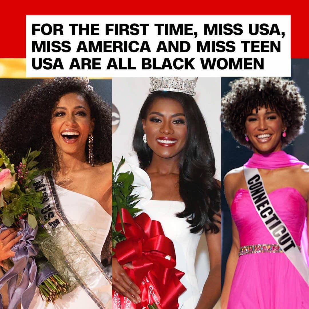 CNNさんのインスタグラム写真 - (CNNInstagram)「America’s top beauty pageants have, for the first time, crowned black women as their winners simultaneously. Chelsie Kryst (left) was named Miss USA on Thursday, while Kaliegh Garris became Miss Teen USA and Nia Franklin was named Miss America. Beauty pageants once barred women of color from participating, but in recent decades black women have broken down racial barriers in the pageant world. (📸: Frank L Szelwach/Miss Universe Organization/Lou Rocco/ABC via Getty Images)」5月7日 1時02分 - cnn