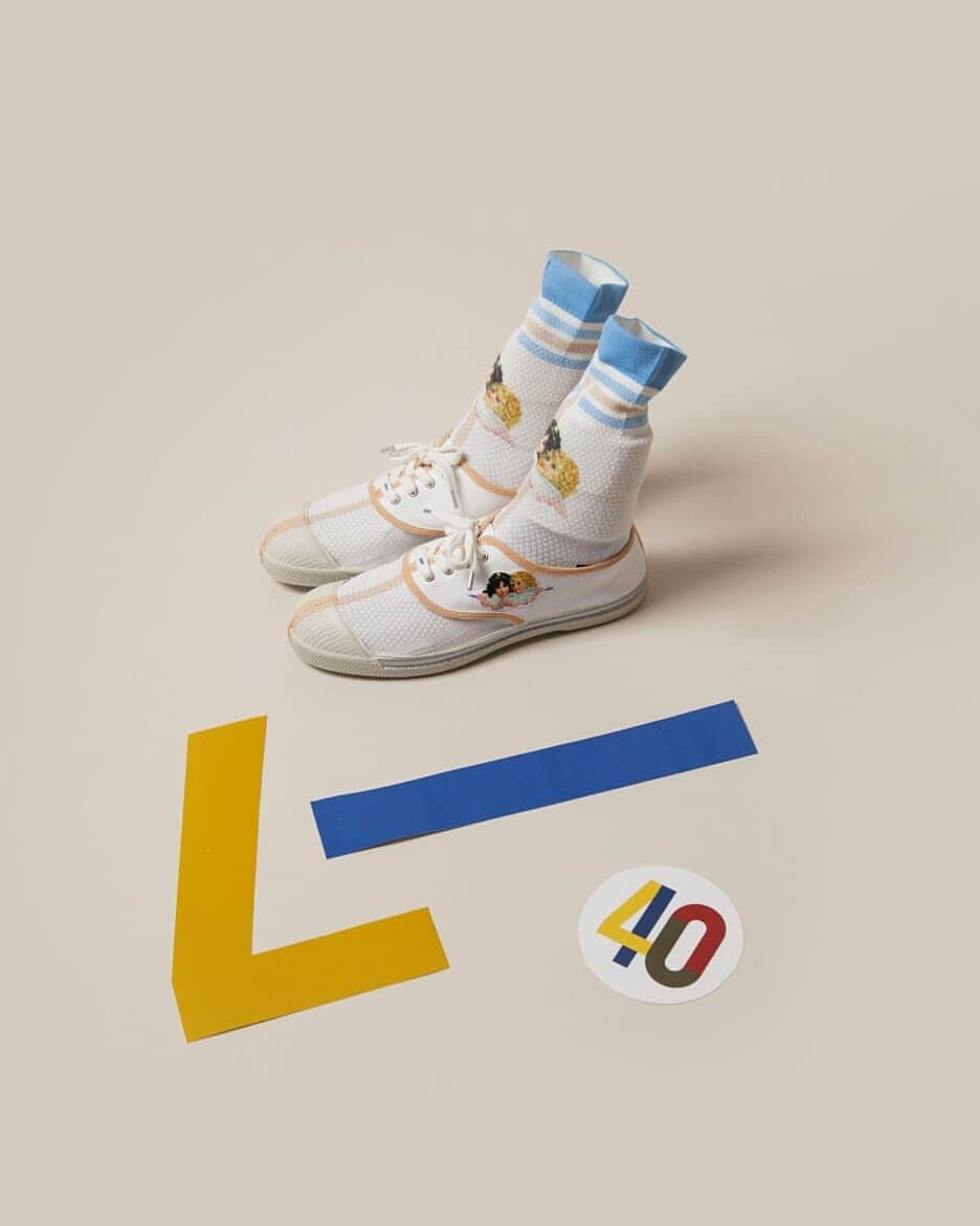 ベンシモンのインスタグラム：「- Hommage à Elio Fiorucci - Bensimon by @jonnymoledesign "Cette tennis est un hommage au créateur italien Elio Fiorucci pour lequel Serge Bensimon a toujours eu une grande admiration et dont la vision novatrice sur la couleur et les panoplies l'ont beaucoup inspirées lorsqu'il s'est lancé dans le monde de la mode." 🇬🇧 "This tennis shoe is a tribute to Elio Fiorucci, the italian creator than Serge Bensimon admire. His innovative vision about color inspired him when he began into the world of fashion.  #bensimon40 #bensimonanniversary」