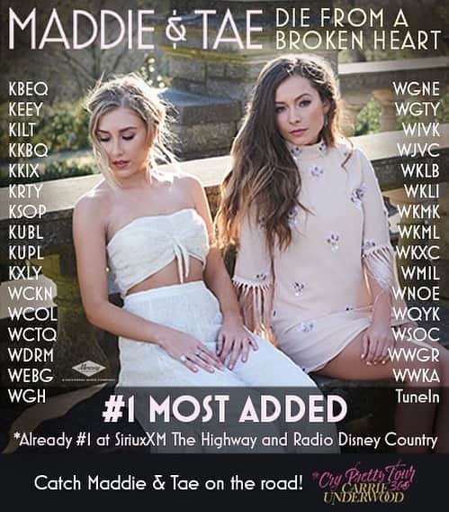 Maddie & Taeさんのインスタグラム写真 - (Maddie & TaeInstagram)「Thanks a million to all of our country radio friends for making Die From a Broken Heart the #1 most added song this week! UNREAL Y’ALL 🙌🏻」5月7日 10時34分 - maddieandtae