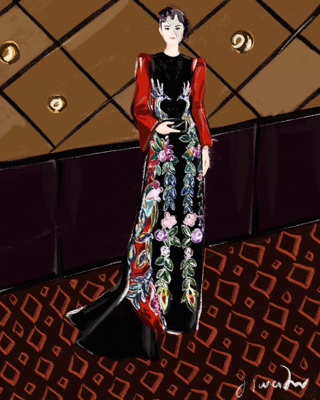 JiweiJWさんのインスタグラム写真 - (JiweiJWInstagram)「Liyuchun in Gucci on met gala 2019 Illustration by JiweiJW @gucci #metgala #2019 #illustration #gucci」5月7日 12時02分 - jiweijw