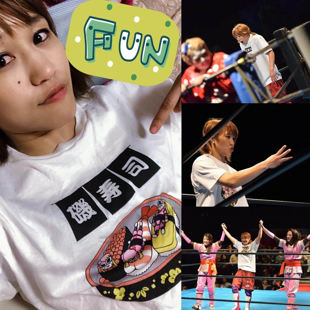 のインスタグラム：「Ranmaru's T-shirt🧡  乱丸さんのTシャツでレフリーしました✨お寿司の上に乱丸さん😎  みなさん今日も一日お疲れ様でした😊お休みなさい！！ #tshirt #sushi #cute #referee #prowrestling #festa #fun #乱丸フェスタ#レフリー #tシャツ #お寿司 #お疲れ様でした #gw #ゴールデンウィーク #最終日 #goodnight」