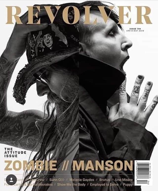 ロブ・ゾンビのインスタグラム：「Twins of Evil on the cover of @revolvermag . Get your tickets now! This tour is gonna be a fucking monster mash!  Tour dates: Jul. 09 - Baltimore, MD - Royal Farms Arena  Jul. 10 - Allentown, PA - PPL Center  Jul. 12 - Huntington, WV - Big Sandy Superstore Arena  Jul. 13 - Cincinnati, OH - Riverbend Music Center  Jul. 14 - Evansville, IN - Ford Center  Jul. 16 - Rockford, IL - BMO Harris Bank Center  Jul. 17 - Bonner Springs, KS - Providence Medical Center Amphitheater  Jul. 19 - Oshkosh, WI - Rock USA (Festival)  Jul. 20 - Cadott, WI - Rock Fest (Festival)  Jul. 21 - Council Bluffs, IA - WestFair Amphitheatre  Jul. 23 - Sioux Falls, SD - Denny Sanford Premier Center  Jul. 24 - Bismarck, ND - Bismarck Event Center  Jul. 25 - Billings, MT - Rimrock Auto Arena  Aug. 04 - Vancouver, BC - Rogers Arena  Aug. 06 - Saskatoon, SK - SaskTel Center  Aug. 07 - Winnipeg, MB - Bell MTS Place  Aug. 09 - Fargo, ND - Fargodome  Aug. 10 - Cedar Rapids, IA - US Cellular Center  Aug. 11 - Fort Wayne, IN - Allen County Coliseum  Aug. 13 - Grand Rapids, MI - Van Andel Arena  Aug. 14 - London, ON - Budweiser Gardens  Aug. 16 - Ottawa, ON - Richcraft Live at Canadian Tire Centre  Aug. 17 - Quebec, QC - Videotron Centre  Aug. 18 - Gilford, NH - Bank of New Hampshire Pavilion #robzombie #revolvermagazine #marilynmanson #twinsofevil」