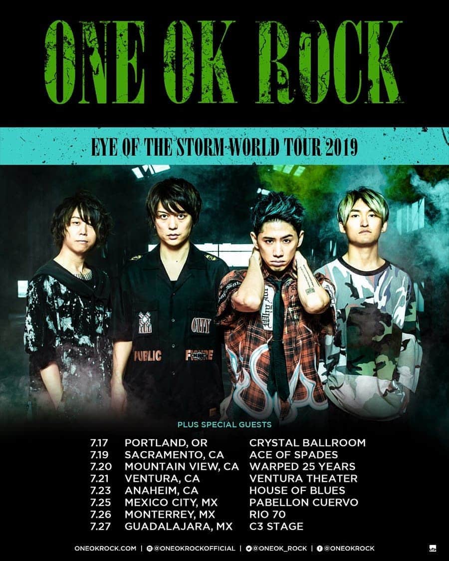 ONE OK ROCK WORLDさんのインスタグラム写真 - (ONE OK ROCK WORLDInstagram)「- ■EYE OF THE STORM WORLD TOUR 2019 -US & Mexico- More show dates have been added! - EYE OF THE STORM WORLD TOUR 2019 のアメリカ&メキシコ公演の日程が発表された。前回地震の影響でキャンセルとなったメキシコは今回3都市3公演で行われ、全7公演となっている。 詳しくはオフィシャルサイト→　www.oneookrock.com/まで。 - 07.17 Portland, OR – Crystal Ballroom  07.19 Sacramento, CA – Ace of Spades  07.20 Mountain View, CA – Shoreline Amphitheatre Warped 25 Years  07.21 Ventura, CA – Ventura Theater  07.23 Anaheim, CA – House of Blues  07.25 Mexico City, MX – Pabellon Cuervo  07.26 Monterrey, MX – Rio 70  07.27 Guadalajara, MX – C3 Stage -  #oneokrockofficial #10969taka #toru_10969 #tomo_10969 #ryota_0809 #fueledbyramen #eyeofthestorm#eyeofthestormworldtour2019」5月8日 0時59分 - oneokrockworld