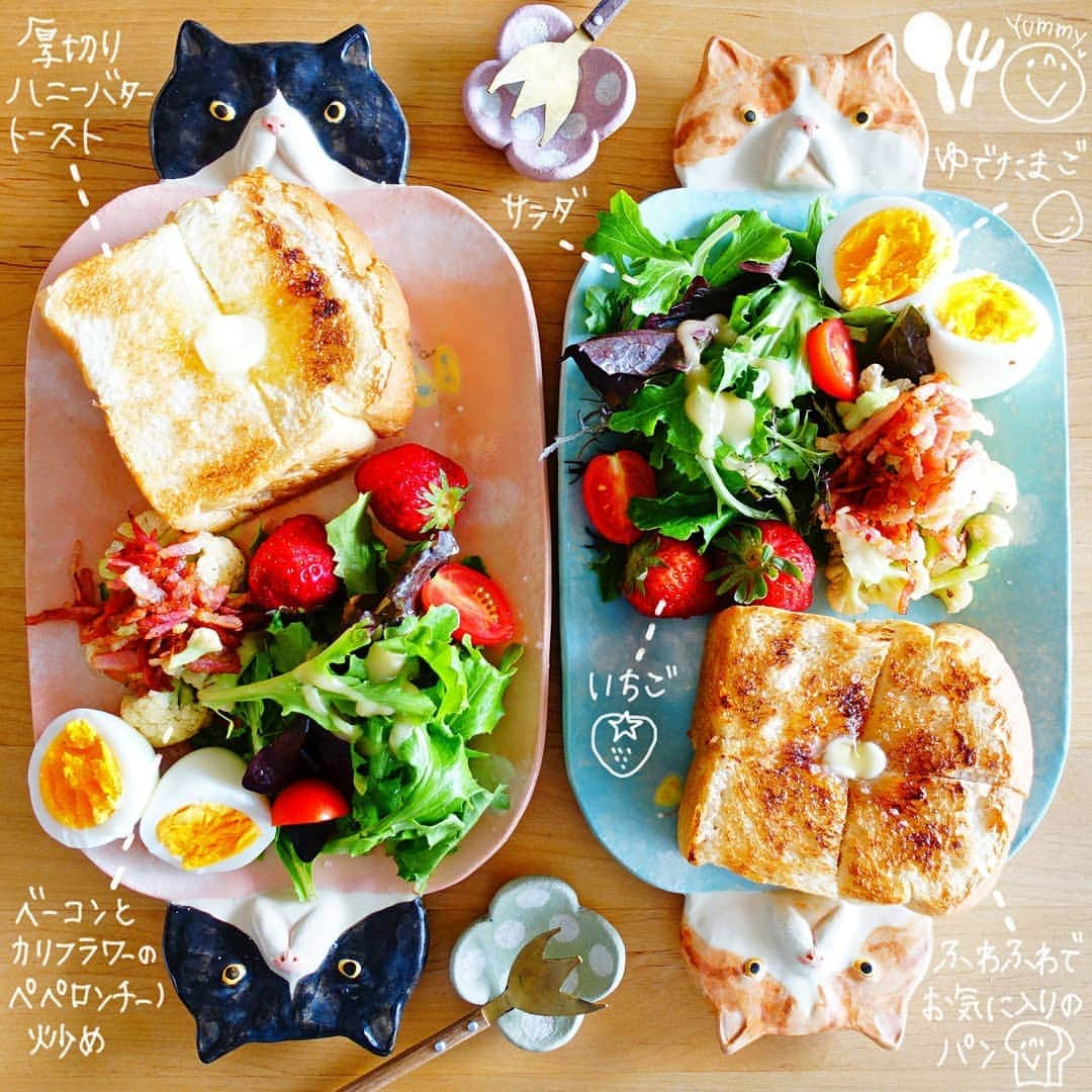 なっつ。さんのインスタグラム写真 - (なっつ。Instagram)「20195.8.wednesday PUNICAFE LUNCH. ❁ ある日のおうちごはん♬ ・厚切りハニーバタートースト ・サラダ ・いちご ・ゆでたまご ・ベーコンとカリフラワーの ペペロンチーノ炒め ❁ お家の近くで買ったお気に入りのパン♡ ふわふわ柔らかくてお気に入り。 厚切りにしてハニーバターで食べるの好き🥰 じゅわわーって溶けだす ハニーバターがめっちゃ美味しい♡  ごちそうさまでした😋 . . 毎朝見てる朝ドラの『なつぞら』💕 わたし、あだ名の1つが 『なっちゃん』でして、 主人公、広瀬すずちゃんが演じる 『なつ』のあだ名も 『なっちゃん』😊🙌 朝からイケメンくん達に 『なっちゃん、なっちゃん』 と、言われる毎日は、 なんとも幸せな朝だったり(笑)🥰 でへへ♥️ ・ ・ ・ #今週もいただきます#なっつごはん🍚#なっつの絵日記」5月8日 10時29分 - punipopo