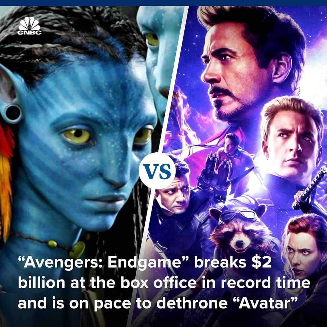 CNBCさんのインスタグラム写真 - (CNBCInstagram)「Watch out, Avatar — “Avengers: Endgame” is smashing box office records.⠀⠀ ⠀⠀ ▪️In just 2 weeks, the movie has garnered more than $2.189 billion worldwide. As of Sunday, it’s the second-highest grossing film of all time, just behind “Avatar.”⠀⠀ ⠀⠀ ▪️A decade ago, it took “Avatar” 47 days to hit the $2 billion mark.⠀⠀ ⠀⠀ To read more about the record-breaking film, visit the link in bio.⠀⠀ *⠀⠀ *⠀⠀ *⠀⠀ *⠀⠀ *⠀⠀ *⠀⠀ *⠀⠀ *⠀⠀ #avengers #avengersendgame #endgame #marvel #marvelstudios #avatar #disney #movies #film #hollywood #business #businessnews #cnbc⠀⠀ ⠀⠀」5月8日 11時11分 - cnbc