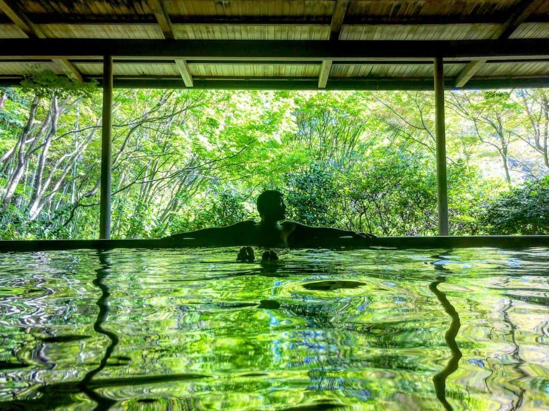 君島良夫のインスタグラム：「緑色の温泉♨️🍃 Love the green💚  @bestvacations 🇯🇵」
