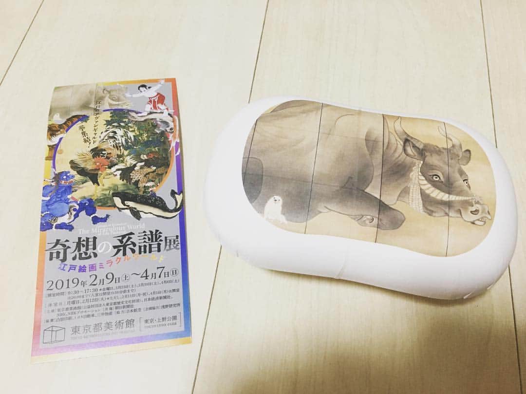 のインスタグラム：「久しぶりに、長目に体調崩してしまって体重がトータル4.5キロ減りました（笑） 今まで運動しても大して変わらなかったのでラッキーだと思って健康的にキープ頑張りたいと思います…！ ようやく、本調子に戻ってきたので今週からまた切り替えて頑張ります💪💪💪✨ 写真はちょっと前に行った美術館☺️✨牛の左下にいる犬？正体不明な小さな生き物のインパクト強過ぎて思わずお土産買ってしまいました…w  #上野 #東京都美術館  #奇想の系譜展  #健康が1番」