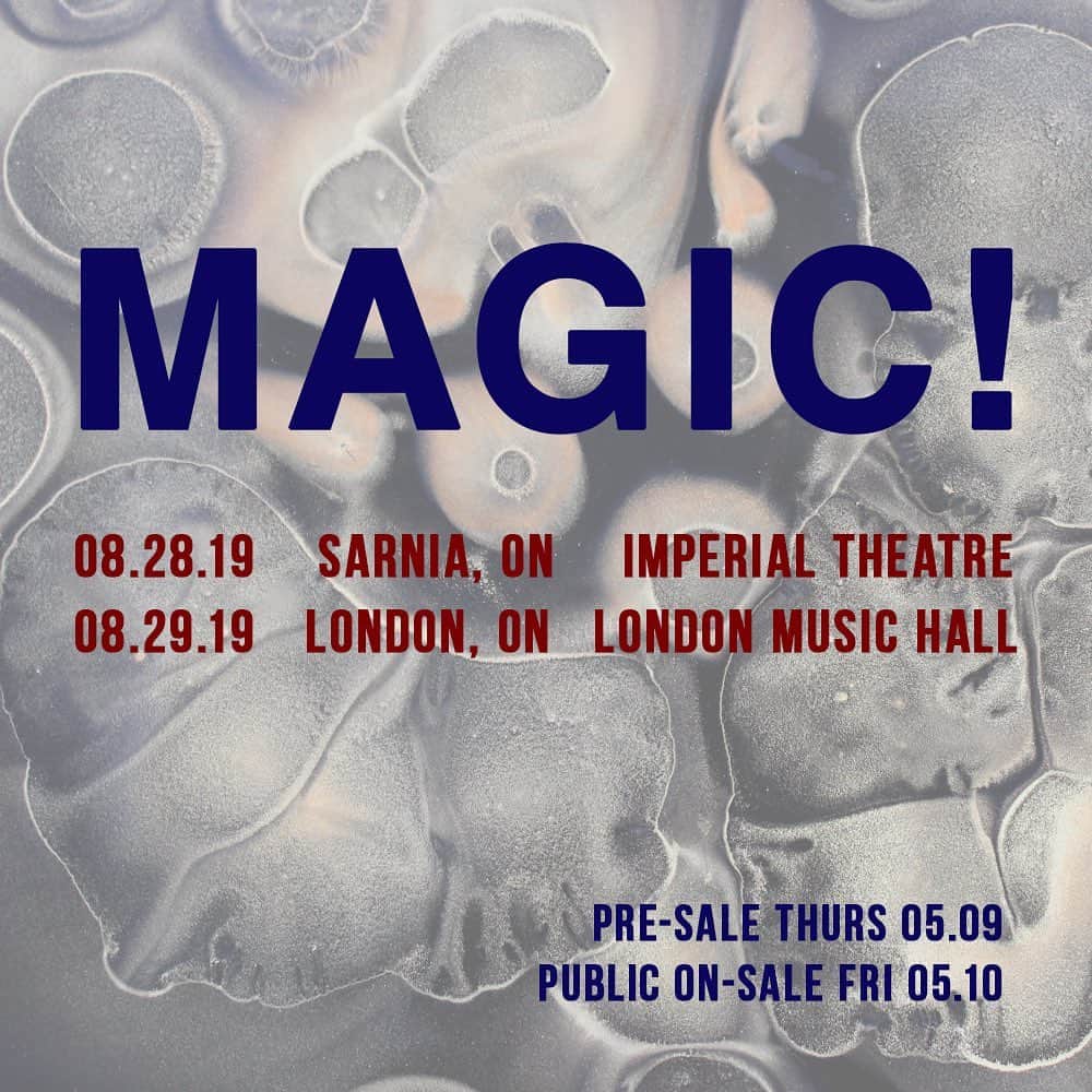 Magic!のインスタグラム：「NEW SHOWS ANNOUNCED! Ontario, we’re coming out for a couple shows in August! Pre-sale begins tomorrow 5.9 @ 10am EST Public on-sale is Friday 5.10 @ 10am EST  Bring your energy, see you soon ✌🏽」