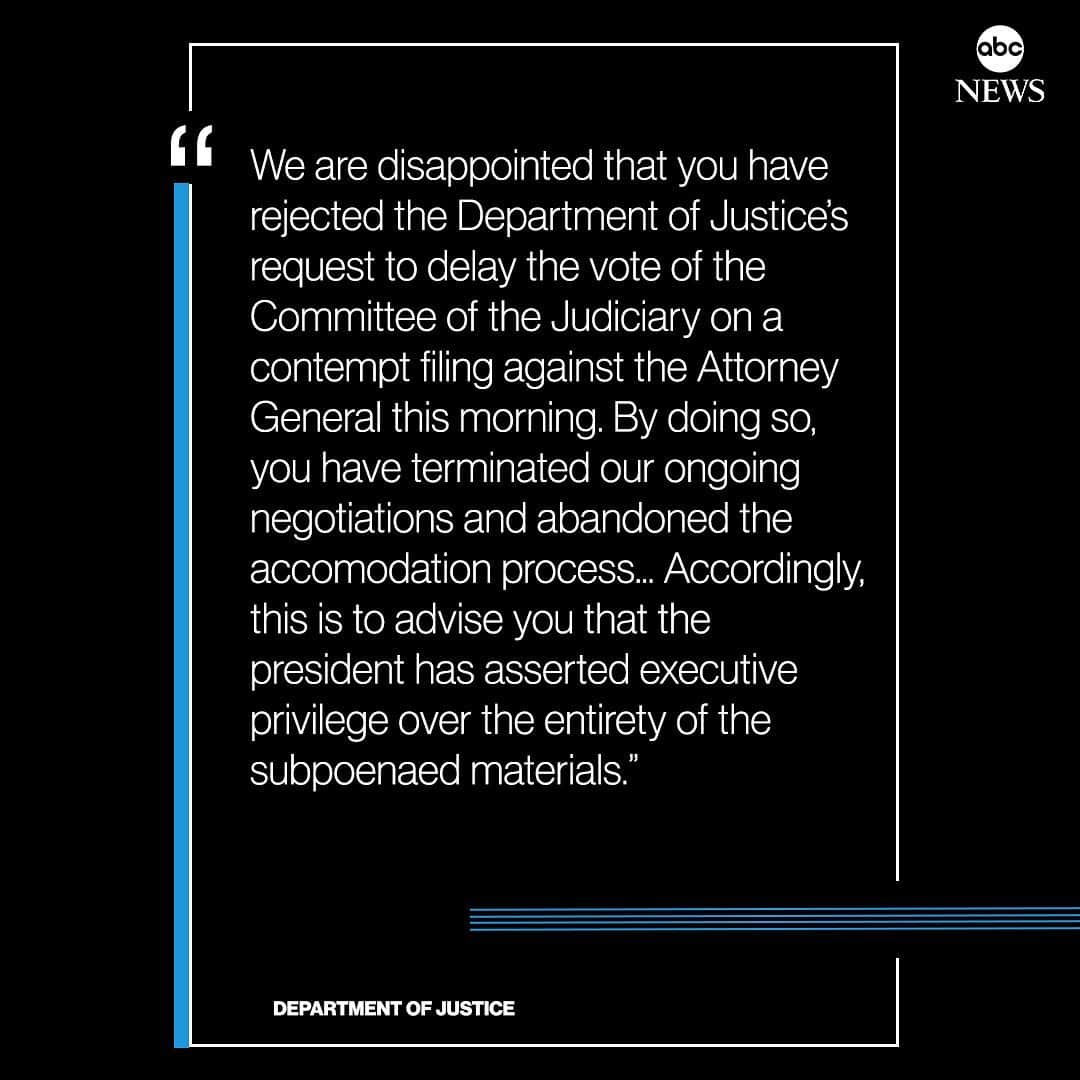 ABC Newsさんのインスタグラム写真 - (ABC NewsInstagram)「The Department of Justice sends House Judiciary Committee chairman Rep. Jerry Nadler announcing Pres. Trump asserting executive privilege over release of full Mueller report: “We are disappointed that you have rejected the Department of Justice’s request to delay the vote of the Committee of the Judiciary on a contempt filing against the Attorney General this morning.” #doj #contempt #congress #house #ag #barr #politics #news #breakingnews」5月9日 0時20分 - abcnews