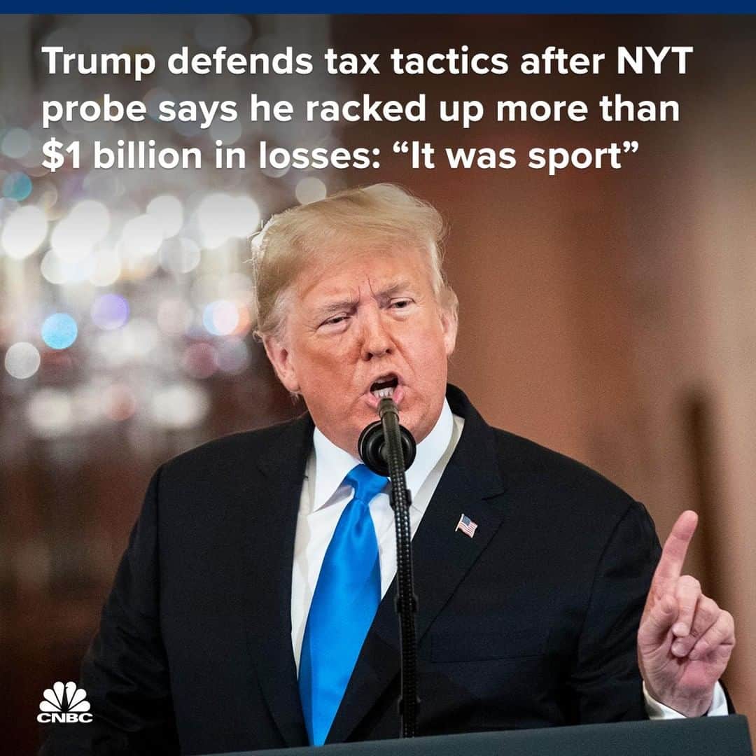 CNBCさんのインスタグラム写真 - (CNBCInstagram)「President Trump fired back at a New York Times report which said his tax figures from 1985 through 1994 showed staggering business losses of more than $1 billion.⠀ ⠀ ▪️Trump’s IRS receipts showed he lost money every year during the 10-year period totaling $1.17 billion, and only paid income taxes 2 of the 10 years, the Times reports.⠀ ⠀ ▪️The Times reported Trump lost more money than any other individual taxpayer in the U.S., based on its analysis of IRS data.⠀ ⠀ ▪️“You always wanted to show losses for tax purposes....almost all real estate developers did – and often re-negotiate with banks, it was sport,” Trump says in early morning tweets.⠀ ⠀ To read more, visit the link in bio.⠀ *⠀ *⠀ *⠀ *⠀ *⠀ *⠀ *⠀ *⠀ #trump #donaldtrump #politics #president #presidenttrump #whitehouse #taxes #newyorktimes #nyt #business #businessnews #cnbc⠀」5月9日 1時13分 - cnbc