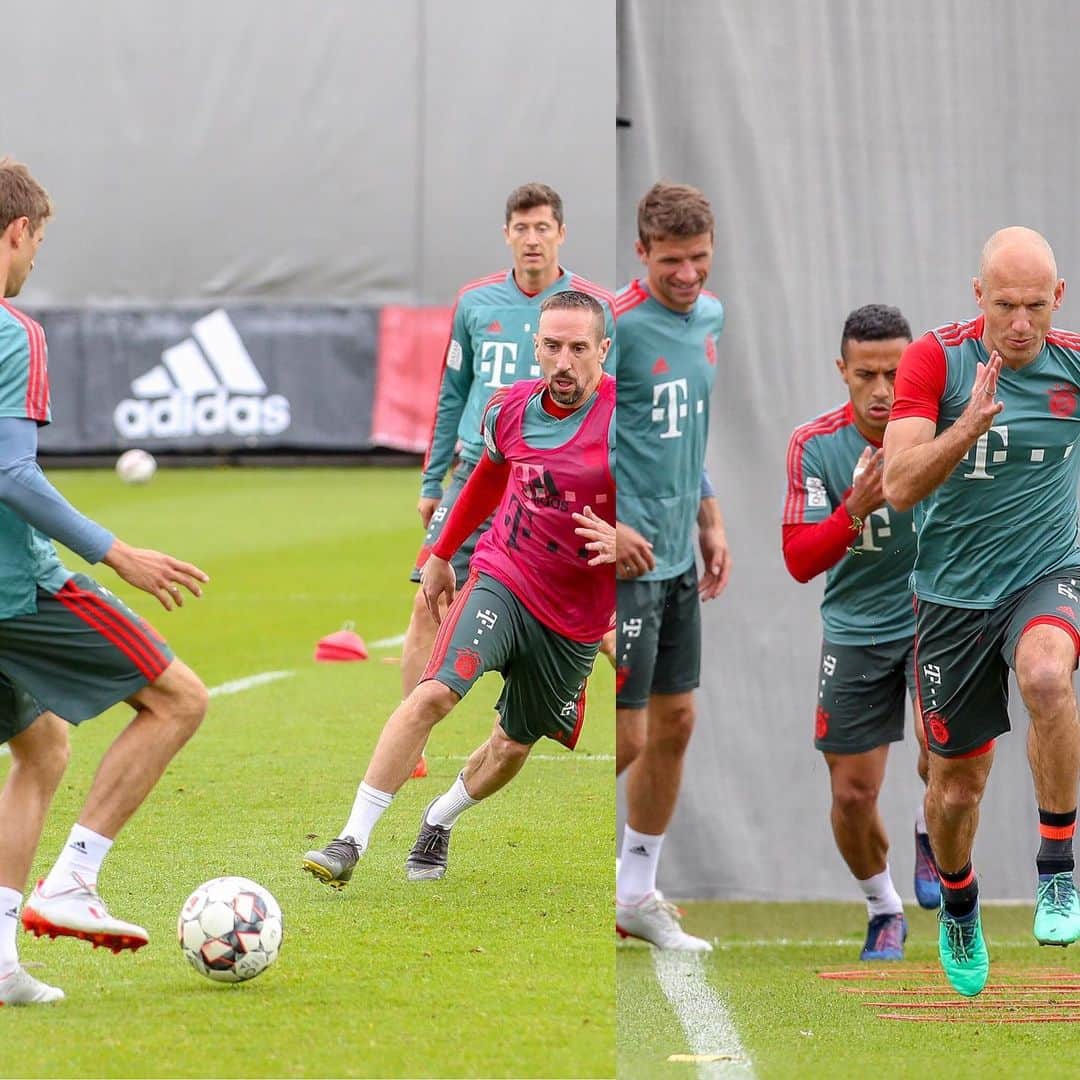 トーマス・ミュラーのインスタグラム：「One of the last training session with @franckribery7 and @arjenrobben 😞 #robbery #fcbayern #training #esmuellert #miasanmia」