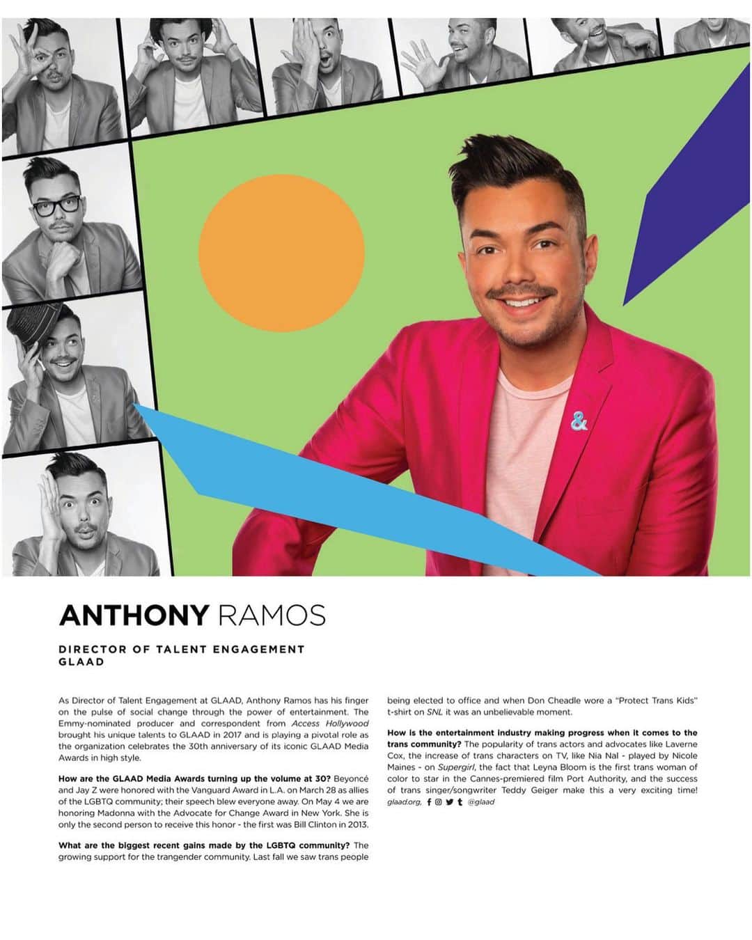 アンソニー・ラモスのインスタグラム：「Thank you @lacmagazine for including me and @glaad in your #PortraitsOfPride 🌈 issue! Can’t wait to celebrate #PRIDE with you next month! 📷: @brookemasonphoto」