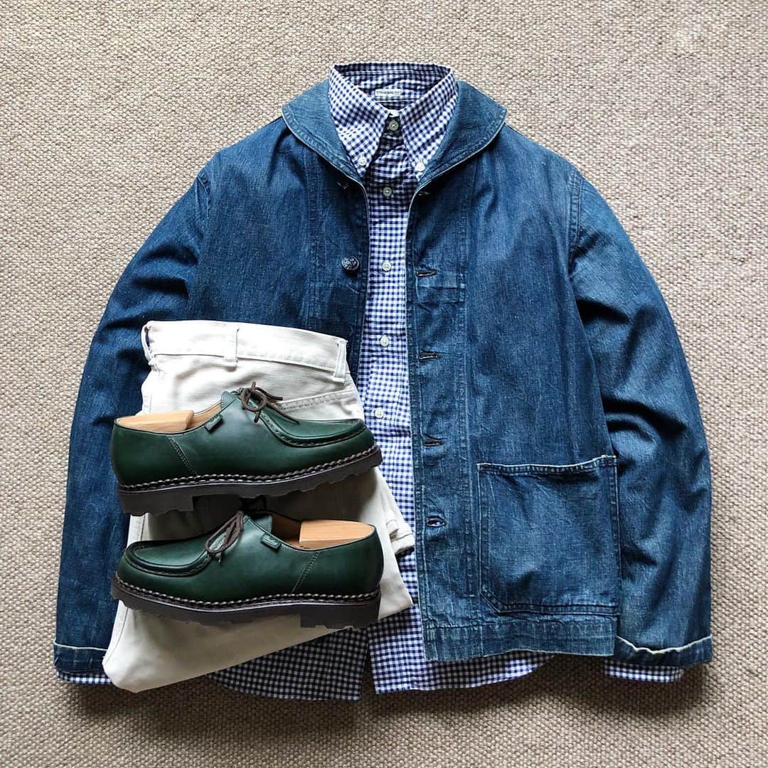 のインスタグラム：「Today's Outfit. ↓ ＊40's Vintage U.S.NAVY Shawl Collar Denim Work Jacket ＊#IndividualizedShirts Pin point Oxford Gingham Check BD-Shirt ＊60's Vintage #Levis #911B #BigE Pique Pants ＊#Paraboot MichaelI」