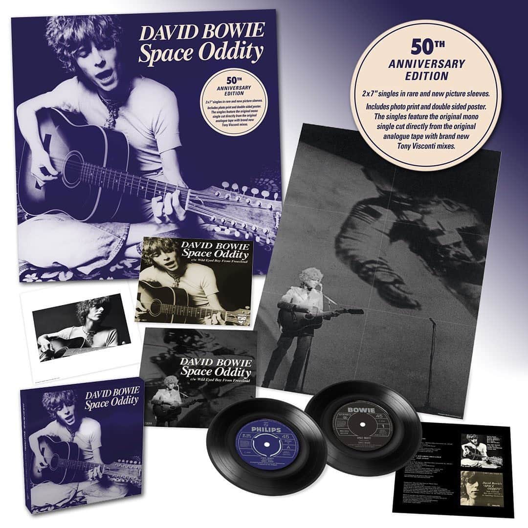 デヴィッド・ボウイさんのインスタグラム写真 - (デヴィッド・ボウイInstagram)「SPACE ODDITY 50TH ANNIVERSARY 2 X 7" VINYL BOX WITH TV REMIXES “Though I'm past eighteen thousand days...” To make sense of today’s Bowie lyric appropriation, fact fans might like to know that 18,262 days will have passed between Space Oddity’s original UK single release on 11th July, 1969, and the 50th anniversary of the single in a couple of months.  DAVID BOWIE - SPACE ODDITY - 50th ANNIVERSARY 2 x 7” BOX SET - FEATURING BRAND NEW TONY VISCONTI REMIXES AND SPACE ODDITY (2019 MIX – SINGLE EDIT) 1 TRACK DIGITAL SINGLE RELEASED ON PARLOPHONE 12th JULY 2019 As part of the ongoing celebrations marking 50 years since David Bowie’s first hit, and following announcements of the Spying Through A Keyhole, Clareville Grove Demos and the “Mercury" Demos collections, Parlophone is releasing a very special double 7” single of Space Oddity featuring brand new remixes by Tony Visconti. The set and a 1 track digital single of the single edit of the 2019 mix of Space Oddity for streaming and download will be released by Parlophone on 12th July, 2019, the day after the single’s 50th anniversary. Space Oddity 50th anniversary double 7” set will come in a box including a double-sided poster featuring an original Space Oddity press advertisement and a Ray Stevenson shot of David taken on stage at the Save Rave ‘69 concert at the London Palladium on 30th November, 1969, the backdrop featuring a N.A.S.A. astronaut. The set also includes an information card and a print featuring an alternative shot by Jojanneke Claassen from the Space Oddity promo single cover session. A facsimile of the original ultra-rare unissued UK picture sleeve has been used for the cover of the original mono single, which, along with the label, features the original Philips trademark specifically cleared for this 50th anniversary release. The single itself has been cut from the original analogue single master tape. The jacket housing the 2019 remixes by Tony Visconti is a new design featuring an alternative Ray Stevenson shot from the Save Rave ‘69 concert to that on the poster. Go here for the full press release: http://smarturl.it/SpaceOddity2x45BoxPR (Temp link on main page)  #SpaceOddity50」5月9日 10時16分 - davidbowie