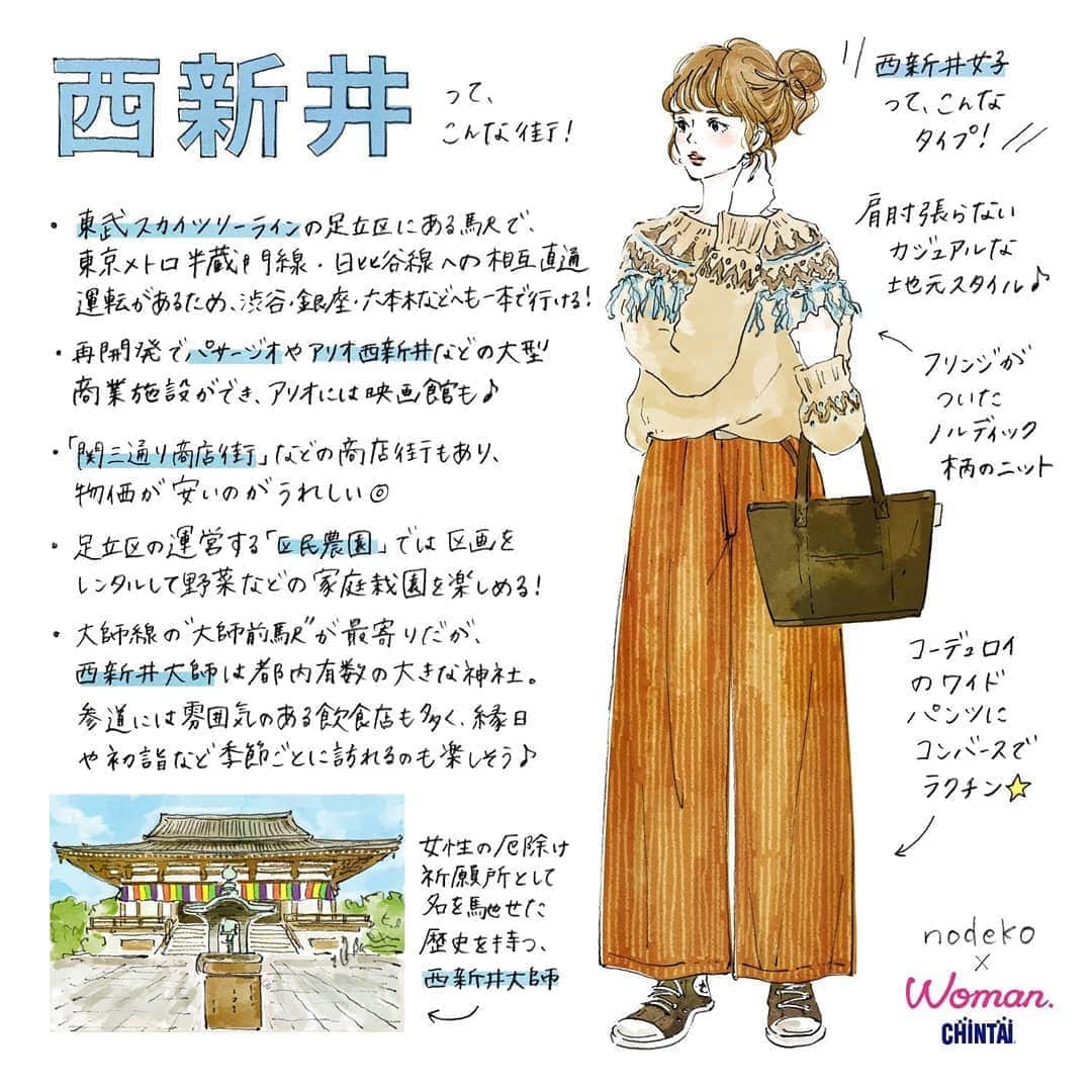のインスタグラム：「#西新井駅 （#Nishiarai  station in #Tokyo )  大きい商業施設もあり映画館など遊べる施設も多く、西新井大師の門前町など散歩も楽しめる西新井は、肩肘張らないカジュアルスタイルで温かみのある柄がキュートな女性💚 ・ ・ @woman.chintai では西新井駅周辺のお部屋も診断形式であなたにあったお部屋を探せる😘🏡 「Woman.CHINTAI」もしくは、「ウーマンチンタイ」で検索🔍 プロフィールのURLからもすぐに理想のお部屋が探せちゃいます✨ ・ Illustrated by @nodeko_ ・ ・ #WomanCHINTAI#部屋探し#CHINTAI #女性にオススメ #擬人化 #賃貸 #街 #1人暮らし #おしゃれ#女子#ファッションイラスト#fashionillutration#tokyofashion#ootd#ファッション#コーデ#今日のコーデ」