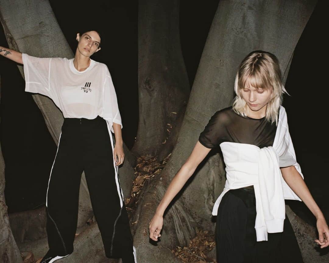 ワイスリーのインスタグラム：「Featuring Y-3 Yohji Love Mesh Tee and Y-3 Yohji Love Sheer Tee. Y-3 Spring Summer 2019. 📷: @angelopennetta Styling: @haleywollens --- #adidas #Y3 #YohjiYamamoto  Discover the collection at Y-3.com」