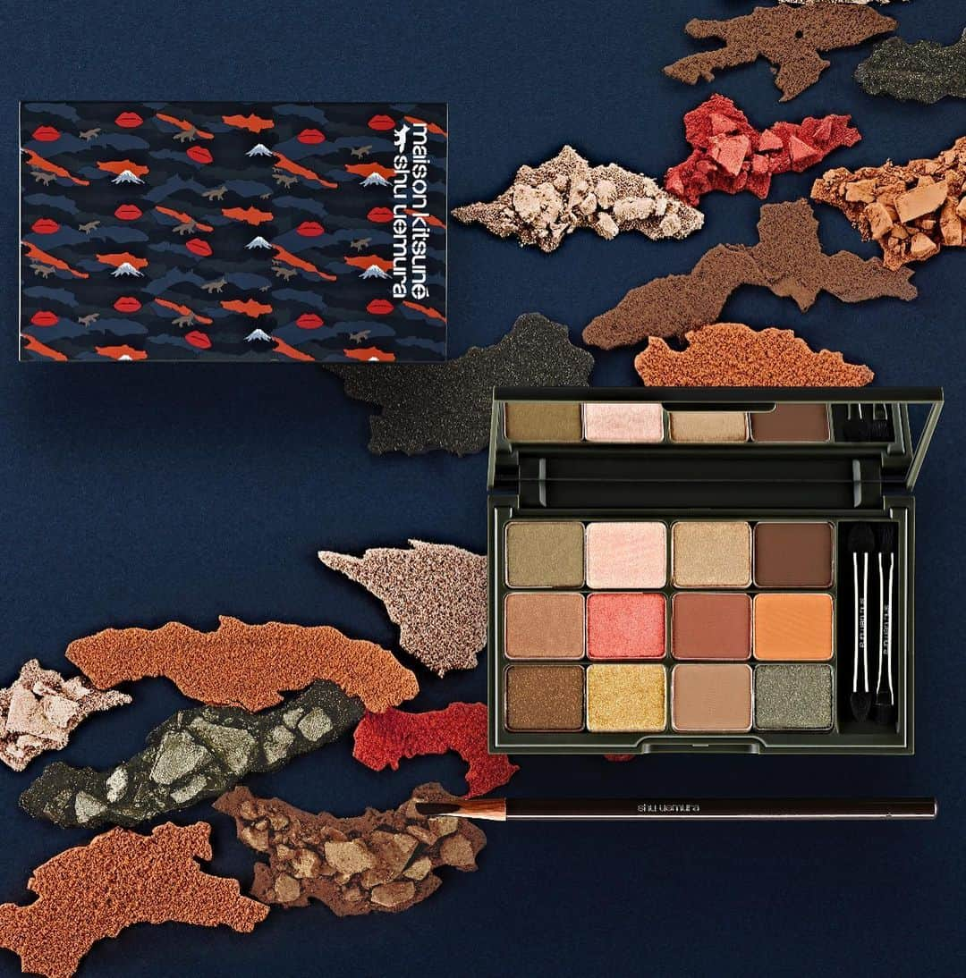 ミーシャ・ジャネットのインスタグラム：「Creative direction for the new maison @kitsune x @shuuemura collabo collection. Inspired by a camouflage pattern of mt. Fuji, kitsune and red lips. Fun fact, that texture is supposed to be camouflage even tho it looks like a topography map of japan😂😂. Each one of those little pieces was actually created and placed in that position to mimic the camo and all products placed on top. we were testing the camo textures up until the day before the shoot to get it exactly how I wanted it. And then the actual production took hours and hours ... there’s a lot that goes behind each cut! So I’m very grateful to the team who has all the patience in the world. ☺️😅 #appreciateit  Creative direction: #mishajanette for #totteokipro  Photo @qu_yi  Set stylist @nazzzzna  Photo production @kentaro_minami_official for @focusstudiotokyo  gif production @oscdesign  #creativedirecrion #cosmeticstyling #beautystyling #cosmeticphotography #shuuemura #maisonkitsune #mycamostyle #makeuptexture #earthymakeup #eyepalette #jbeauty」