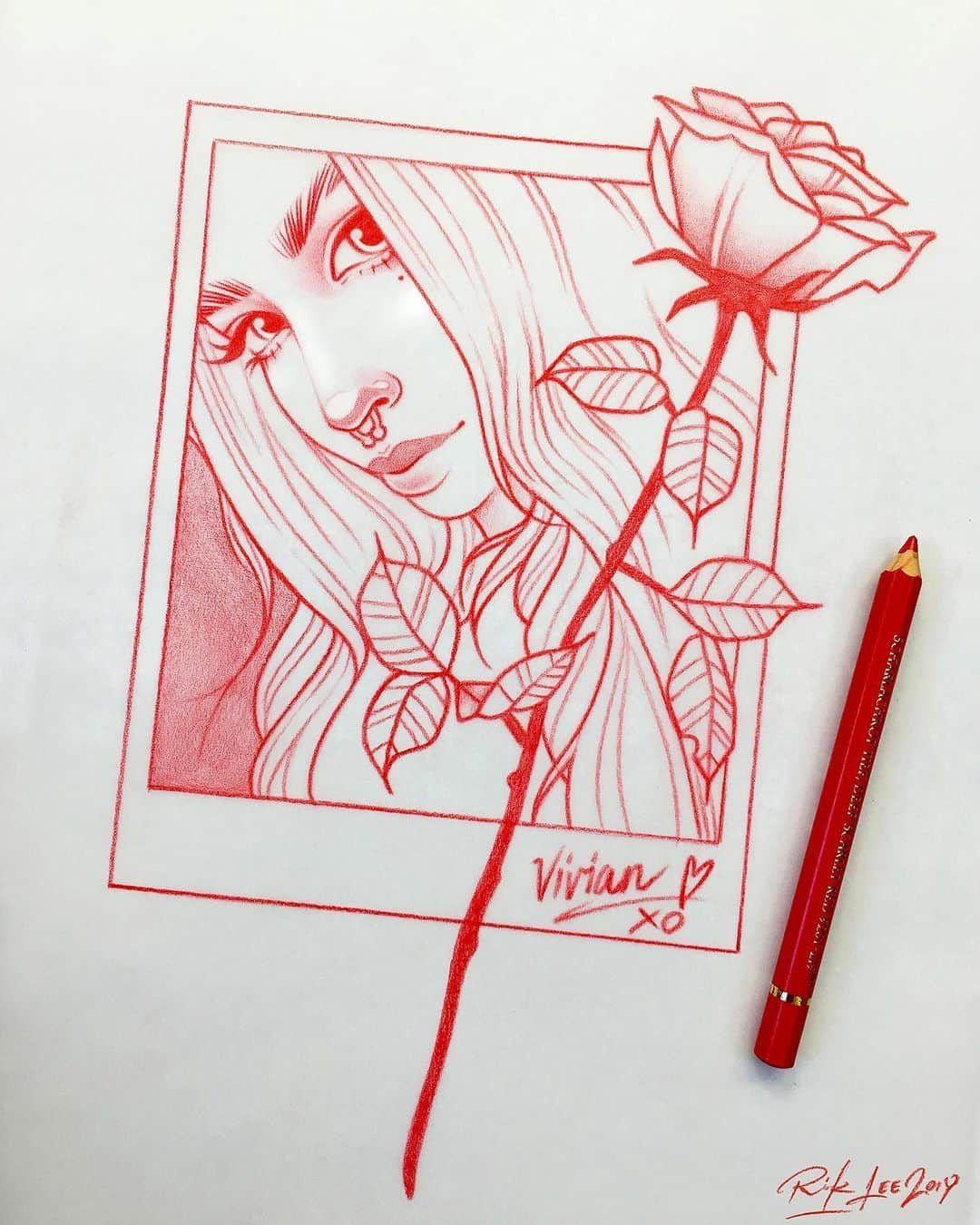 Rik Leeさんのインスタグラム写真 - (Rik LeeInstagram)「Here’s a photograph of a drawing of a photograph. 📸 A fun portrait commission piece for Vivian. . #riklee #art #illustration #sketch #portrait #drawing #pencildrawing #rose #polaroid #mua #bali」5月10日 10時02分 - rikleeillustration