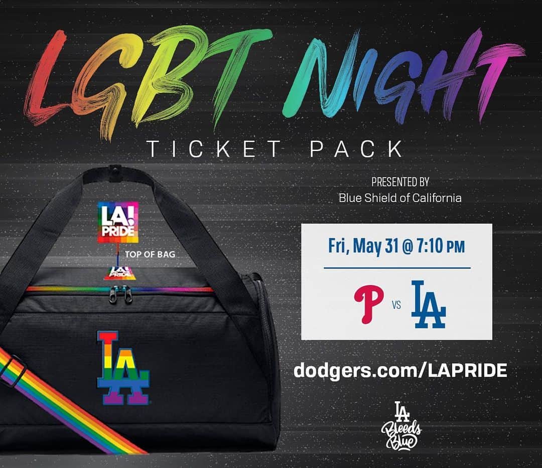 Los Angeles Dodgersさんのインスタグラム写真 - (Los Angeles DodgersInstagram)「Celebrate LGBT Night at Dodger Stadium on 5/31! The third consecutive official LA Pride kickoff party will be held in the Right Field Pavilion. Purchase a special ticket pack and get this exclusive LGBT Night duffle bag. 🎟: Dodgers.com/LAPride」5月10日 2時51分 - dodgers