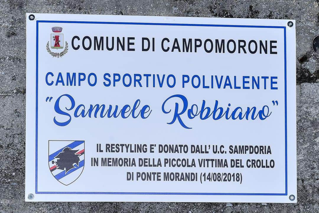 UCサンプドリアさんのインスタグラム写真 - (UCサンプドリアInstagram)「❤️ Rispetto, memoria e commozione. La #Sampdoria ha abbracciato la comunità di #Campomorone nel nome di Samuele Robbiano, scomparso all’età di 8 anni con mamma Ersilia e papà Roberto nel crollo di #PonteMorandi. Alla più piccola vittima della tragedia dello scorso 14 agosto è stato dedicato il campo sportivo polivalente dei giardini Dossetti, appena ristrutturato per volere del club blucerchiato. 📷 @simonearveda」5月10日 3時46分 - sampdoria