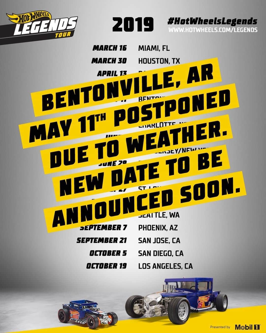 Hot Wheelsさんのインスタグラム写真 - (Hot WheelsInstagram)「Due to inclement rain expected on Saturday, May 11, 2019, we will be postponing the Bentonville #HotWheelsLegends Tour stop to ensure the safety of our participants and offer the best possible event for our fans. The new Bentonville stop of the Hot Wheels Legends Tour date will be announced shortly. If you have already registered your vehicle, all participants will still be registered for the new event date.」5月10日 5時24分 - hotwheelsofficial
