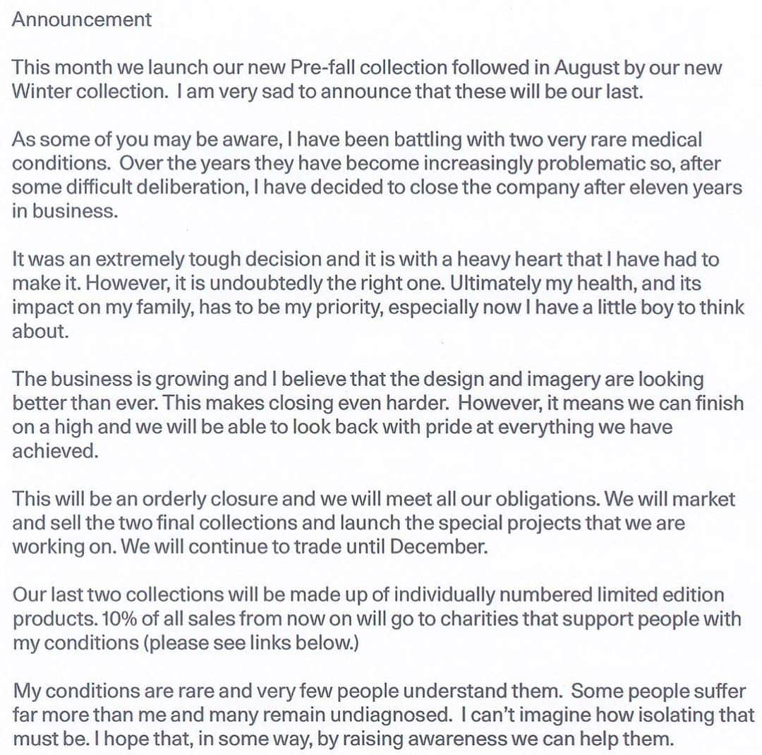 Sophie Hulmeさんのインスタグラム写真 - (Sophie HulmeInstagram)「A note from Sophie: This month we launch our new Prefall collection followed in August by our new Winter collection. I am very sad to announce that these will be our last. As some of you may be aware, I have been battling with two very rare medical conditions. Over the years they have become increasingly problematic so, after some difficult deliberation, I have decided to close the company after eleven years in business. Our last two collections will be made up of individually numbered limited edition products. 10% of all sales from now on will go to charities that support people with my conditions. Swipe left for Sophie's full statement. #kleinelevinsyndrome #edsawarenessmonth #ehlersdanlossyndrome #edsawareness」5月10日 19時22分 - sophie_hulme