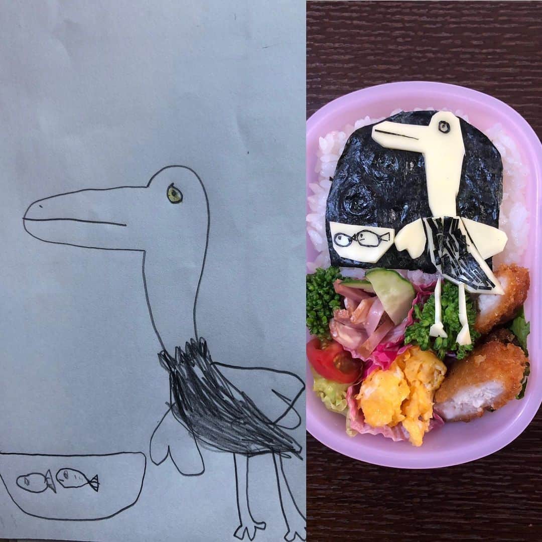 尾関高文さんのインスタグラム写真 - (尾関高文Instagram)「娘が描いたハシビロコウをお弁当に。先日動物園で見てからのお気に入り。魚と仲良くしてるのかと思ったら「エサの魚さんだよ！」と冷静に食物連鎖を理解していたので、とても複雑な気持ちです。」5月10日 12時09分 - ojecky