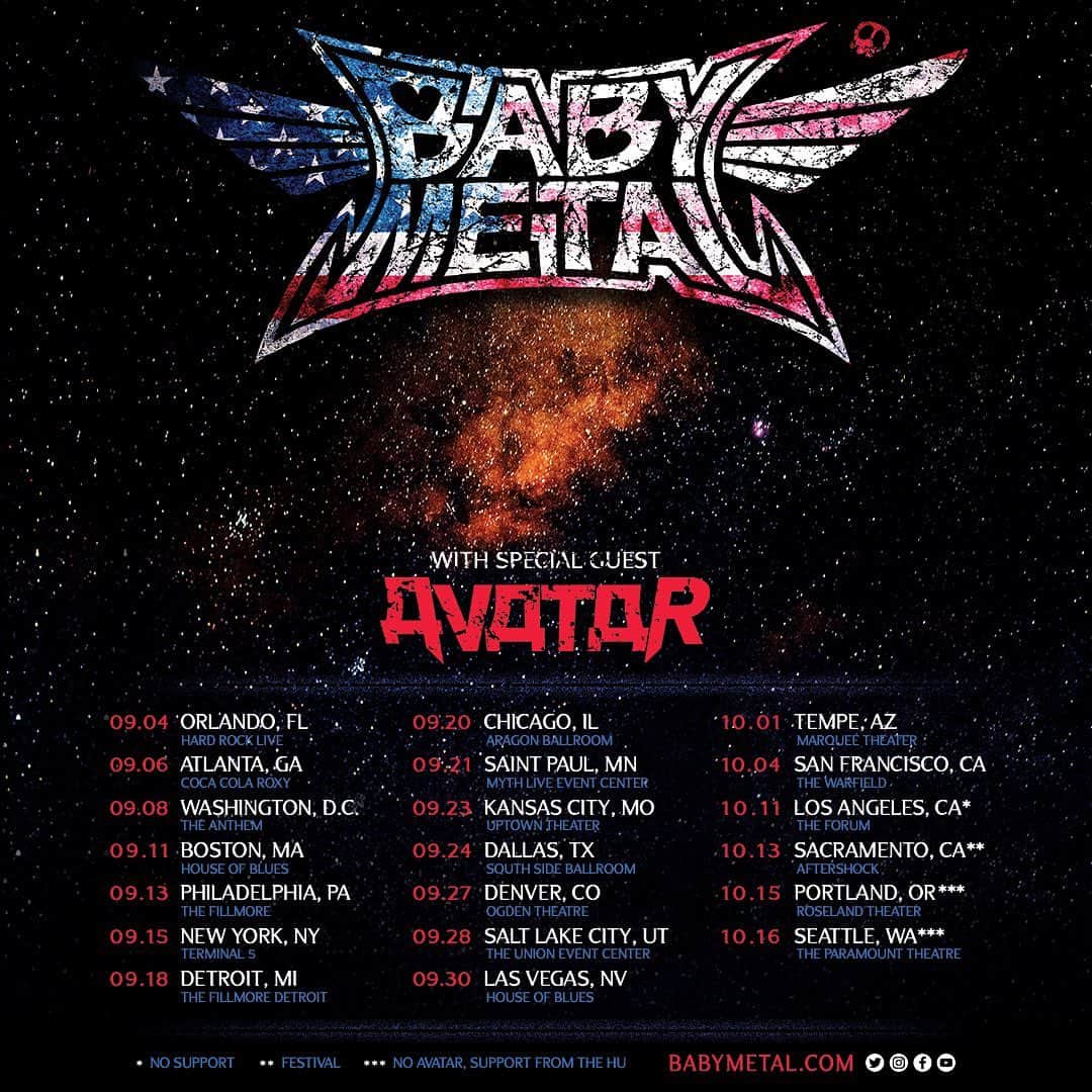 BABYMETALさんのインスタグラム写真 - (BABYMETALInstagram)「Upcoming US Tour Confirmed! USツアー決定DEATH！！ www.babymetal.com  #BABYMETAL #USA #Tour」5月10日 23時47分 - babymetal_official
