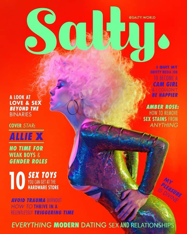 アリー・エックスのインスタグラム：「Surprise! I’m honored to a @salty.world cover girl 🙆🏻‍♀️. This shoot was not only a blast but also very meaningful, discussing where exactly I fit into this industry and into these changing times.⁣ ⁣ Remember, Salty is newsletter only! To get access to my entire shoot and interview  subscribe now through the link in bio @salty.world.⁣ ⁣ Photo: @thomkerr  Style: @lisa_tv  Hair: @hairbyiggy ⁣ Make up: @lijhajade + @yvonnetheartist @lipstickqueers ⁣ Graphics: @ninaharcus  Cover Story: @Naydeline_meija」