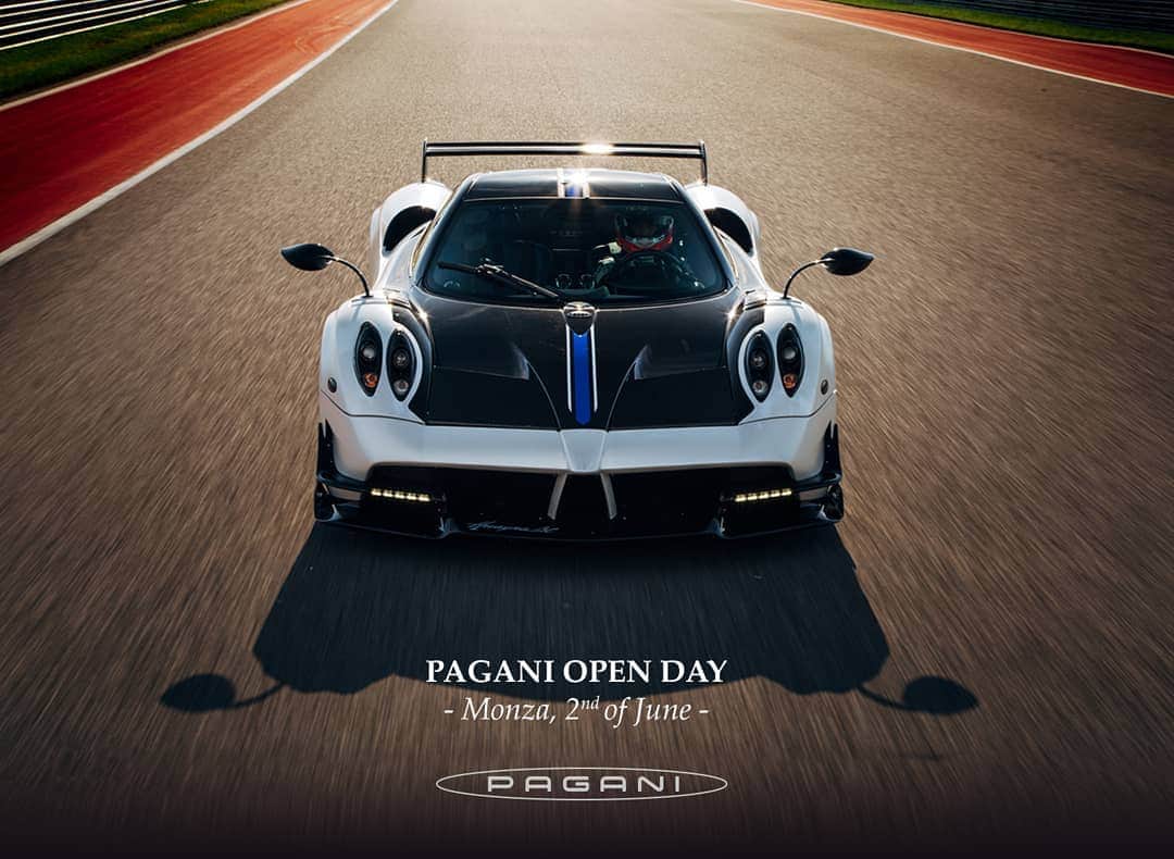 パガーニ・アウトモビリのインスタグラム：「2 June 2019 - Monza Circuit.  Are you ready to live something extraordinary?  We are pleased to invite you to the PAGANI OPEN DAY! The greatest Pagani event ever, with dozens of Pagani speeding on the historic Monza circuit.  Take a look at the big event coming up and stay tuned: you might be elected to be part of a memorable experience dedicated to all Pagani fans!  Opening of REGISTRATIONS FROM MONDAY the 13th!  #pagani #PaganiOpenDay #monza #zonda #huayra」