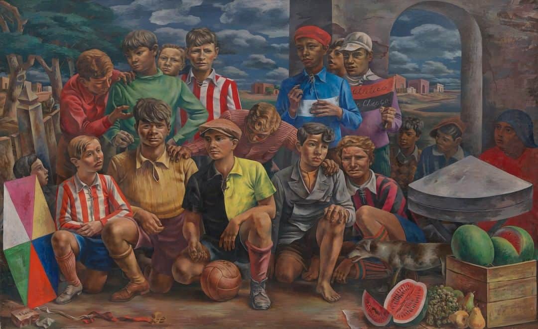 のインスタグラム：「Artists who “tried to assert their feeling for their time and place” interested #LincolnKirstein the most. In 1942, Kirstein traveled for almost five months across seven South American countries, acquiring approximately 140 works for #MoMAcollection. The works Kirstein acquired in Brazil, Argentina, Uruguay, Chile, Peru, Ecuador, and Colombia reflected his taste for meticulous craftsmanship and emphasized local expression. This painting by #AntonioBerni is the largest and most expensive picture that Kirstein acquired on that trip. Now on view. … [Credit: Antonio Berni. “New Chicago Athletic Club (Club Atlético Nueva Chicago).” 1937. Oil on canvas. Inter-American Fund. © 2019 Fundación Antonio Berni and Luis Emilio De Rosa, Argentina]」