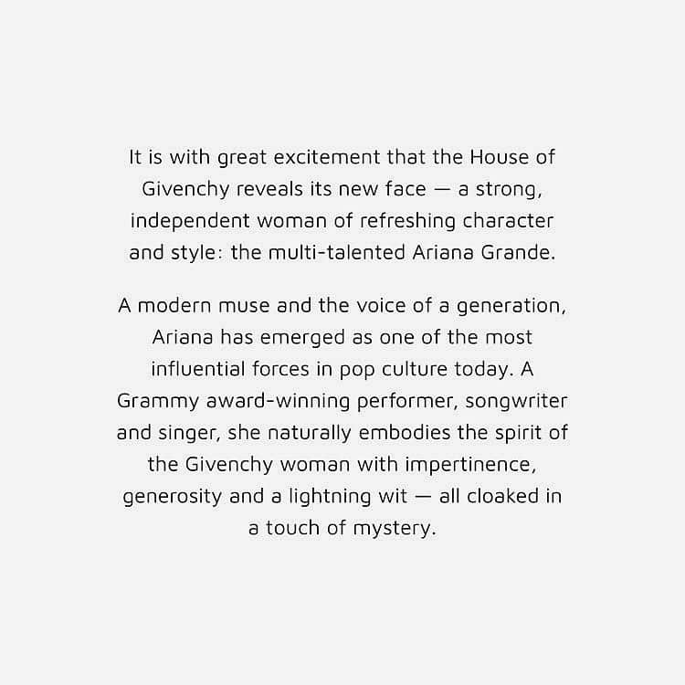 アリアナ・グランデさんのインスタグラム写真 - (アリアナ・グランデInstagram)「i don’t have words to describe how much this partnership means to me. such an incredible honor and with a brand i love sooooo much. thank you from the bottom of my heart and i’m so excited for all things ahead..... 🖤 #arivenchy @givenchyofficial #givenchyfamily」5月11日 4時34分 - arianagrande
