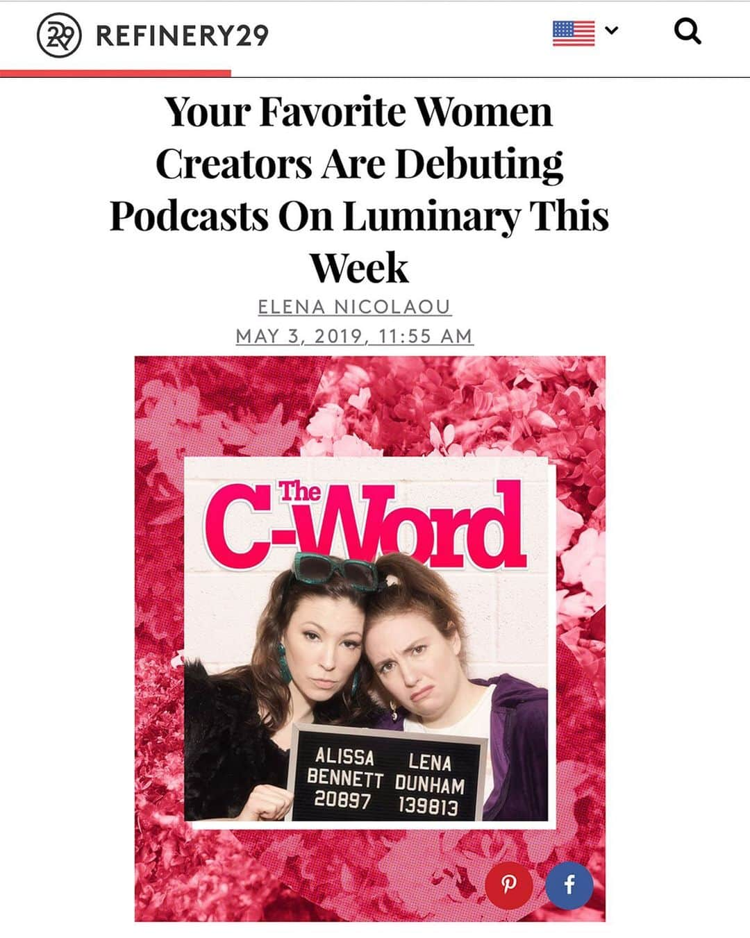 レナ・ダナムさんのインスタグラム写真 - (レナ・ダナムInstagram)「Get mad, sad, and bad with Alissa Bennett and me on our new podcast, “The C-Word” Launching tomorrow on @hearluminary. We’re ready to rescue the reputations of the discarded women of history! Thanks for the love, @refinery29. Link in bio. #TheCWord  #WeWillNeverCallYouCrazy 💔」5月11日 7時00分 - lenadunham