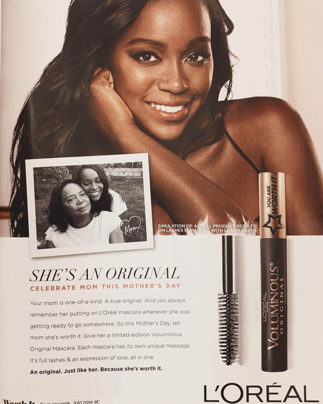 アジャ・ナオミ・キングのインスタグラム：「L’Oreal has given me so much, an opportunity to celebrate myself as I am, a chance to be the face smiling back at all the little black girls, telling them just how beautiful they are...and now they have given me the chance to surprise my mother, who grew up with dreams of being a model and an actor. She moved from New York to Los Angeles on her own with nothing but  optimism and carved out a career in television production during a time where there were very few women, let alone black women in the room. She transplanted all her strength and hope into me and now here we are in a magazine together celebrating our WORTH!  My mother truly is one-of-a-kind and I am so deeply grateful to have her. Love you so much Mommy!  Celebrating all of the true originals this #MothersDay weekend because they’re worth it. @lorealmakeup ➡️ Swipe for some Black Mama Joy!!! ❤️❤️❤️」