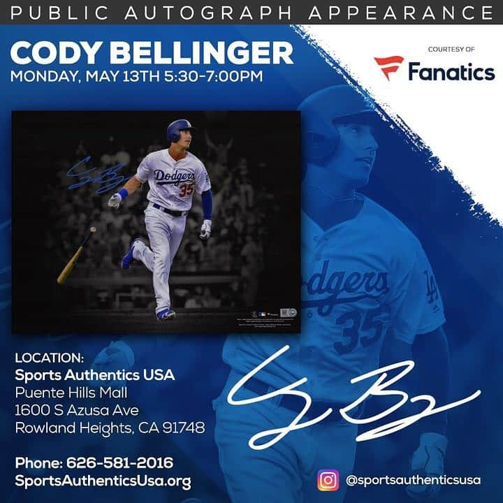 クレイ・ベリンジャーさんのインスタグラム写真 - (クレイ・ベリンジャーInstagram)「I will be signing autographs on Monday, May 13th at @sportsauthenticsusa from 5:30 - 7:00 PM c/o @Fanatics」5月11日 7時45分 - cody_bellinger