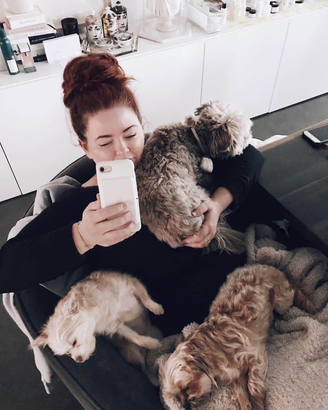 Kristin Essさんのインスタグラム写真 - (Kristin EssInstagram)「Who says you can’t have it all? @hellogorgeousgeorge 😂 HAPPY #NationalDogMomDay 🐾 (shout out to Nellie + Olive under the blanket). Between me & @emilydieden we have 5 dogs in the office at times and IMO it’s the thing that gets us through! Thanks for capturing the realest moments @courthawkinson 🥴 (tagged some of my favorite rescues in the photo. Follow them and support them! 🖤 If you ever want to adopt or foster a dog and need help, please DM me! I’d be thrilled to help! Please #adoptdontshop 🖤🐾)」5月12日 0時25分 - kristin_ess