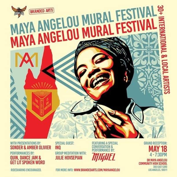 Shepard Faireyさんのインスタグラム写真 - (Shepard FaireyInstagram)「I'm excited to be one of 30 artists who is painting a series of murals around the campus of the Dr. Maya Angelou Community High School in South LA this month! With hopes to promote arts in school, this project founded by @brandedarts aims to send a positive message to the youth. Our goal is to create murals that will fit within the cultural context of the community and the ideals of #DrMayaAngelou. The school's gymnasium is transforming into a gallery exhibition featuring more than 50 artists as well as artwork from the students. Thank you @brandedarts for continuing to facilitate the importance of art in educational systems. If you're in #LosAngeles, be sure to check out the festival next week! Visit the link in bio for more info. - Shepard」5月12日 1時05分 - obeygiant