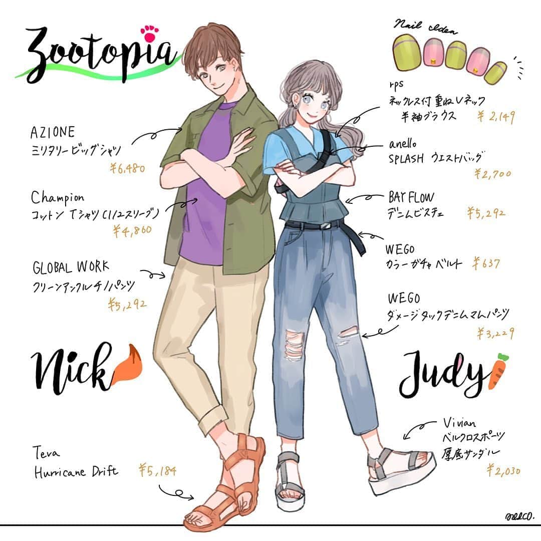 みーこさんのインスタグラム写真 みーこinstagram チップとデールイメージの夏コーデ イラスト イラストグラム イラストレーター イラストエッセイ ファッション ファッションコーデ ファッションイラスト ディズニーコーデ チップとデール