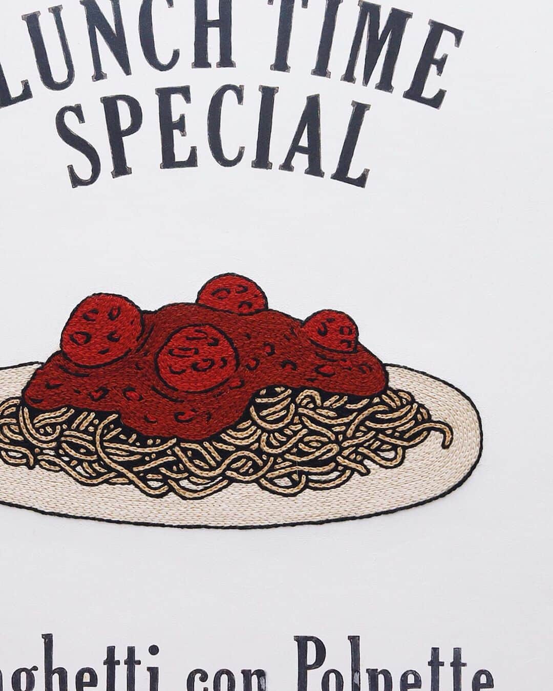 のインスタグラム：「italian meatballs . ミートボールのパスタ。 日曜日のお昼に作って 食べたい美味しいやつ。 パスタもソースも皿も すべてが刺繍の手仕事。 @yumikohiguchi . . . #polpettine #italianmeatballs #spaghetticonpolpette #spaghettiandmeatballs #meatball #spaghetti #embroideryart #topitalianfood #italyfood #italianfood #pastamania #pastalover #lovepasta #pastaitaliana #cucinaitaliana」