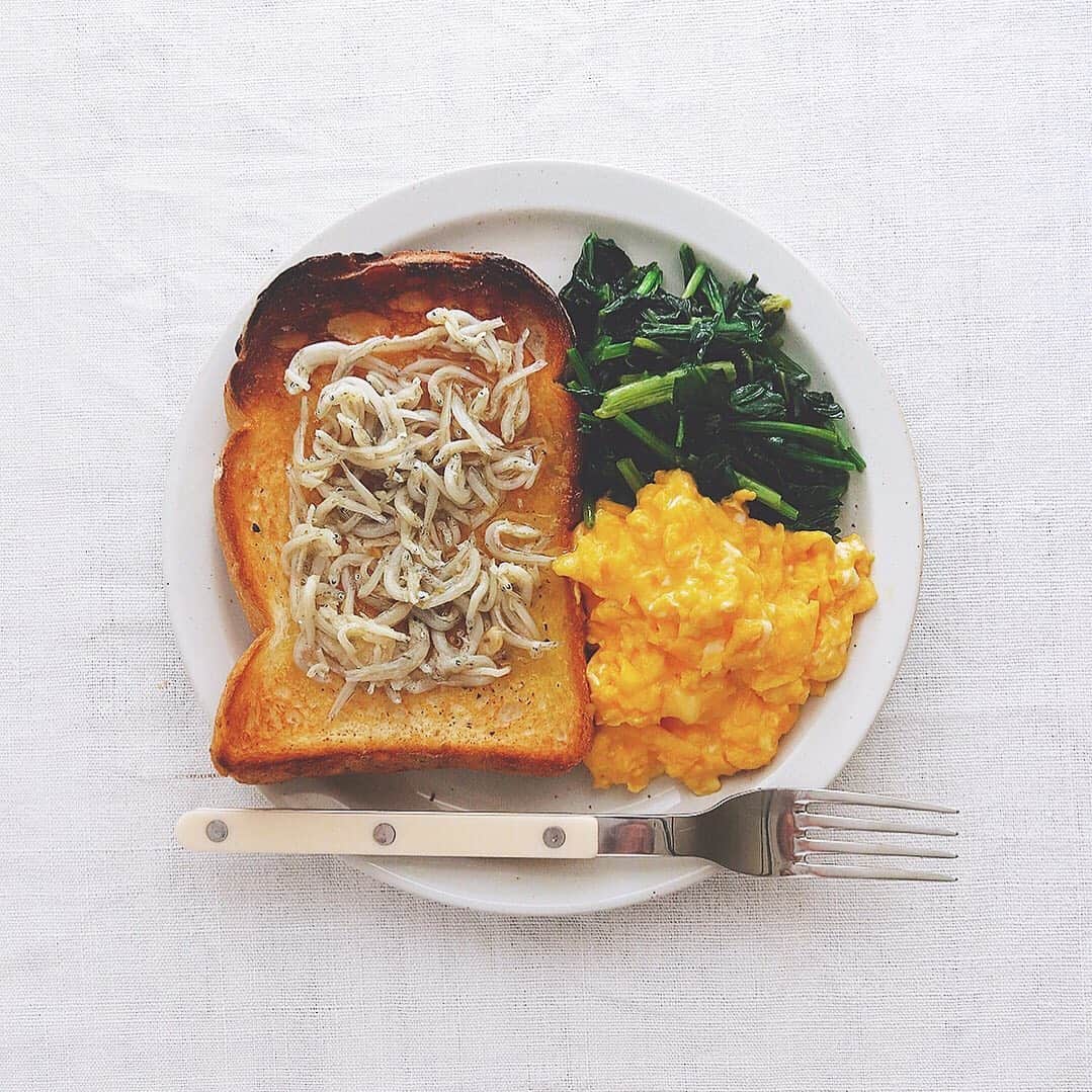 樋口正樹さんのインスタグラム写真 - (樋口正樹Instagram)「Today's breakfast . 今朝はパンと卵と野菜。 しらチョビのトースト、 スクランブルエッグと、 ほうれんそうのソテー。 . . #しらすトースト #しらす #しらチョビ #トースト #スクランブルエッグ #ほうれん草のソテー #タカキベーカリー #石窯パン #山型トースト #toast #sabreparis」5月12日 7時52分 - higuccini