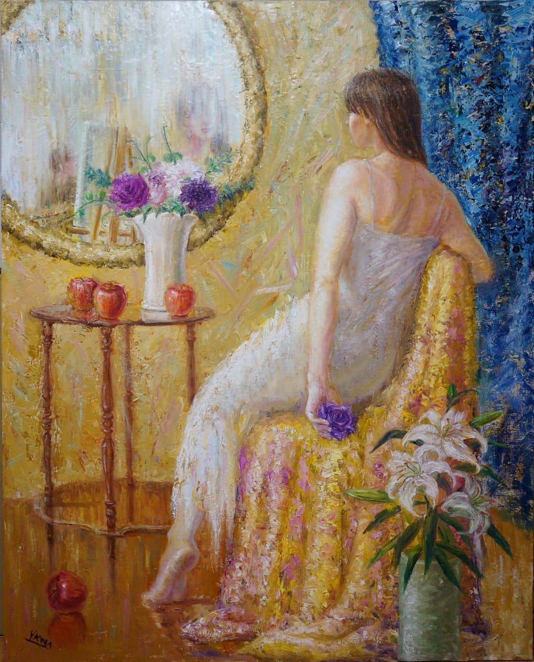 古賀陽子のインスタグラム：「“The artist and the model” 2018, oil on canvas, 162.1cm×130.3cm "画家とモデル" F100号 __________ 🔜 個展: 5月29日(水)〜6月4日(火) @大丸心斎橋店 北館12F 美術画廊  #人物画 #肖像画 #portrait #アート #絵 #gallery #ギャラリー #画家 #artist #painter #portraitartist #painting #art #artwork #油絵 #oilpainting #artstagram #artistoninstagram #instapainting #instajapan #instaart #instaartist #古賀陽子 #yokokoga #exhibition #exhibit #大阪 #個展 #アート好きな人と繋がりたい #ギャラリー巡り」